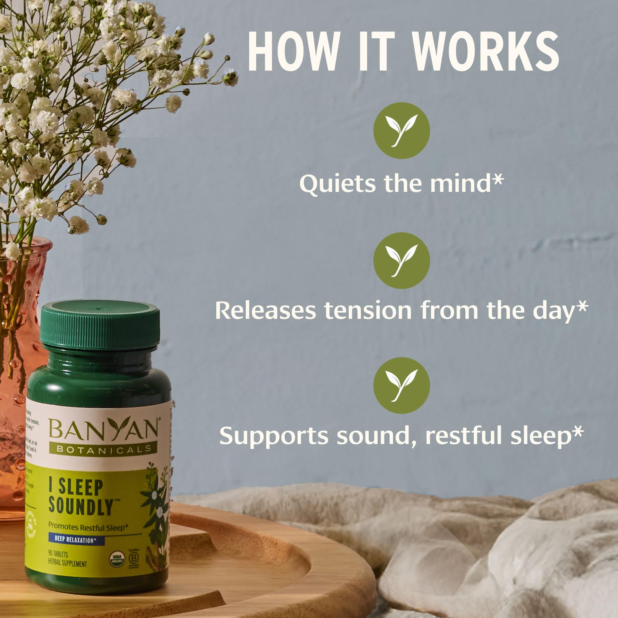 Banyan Botanicals I Sleep Soundly–Organic Deep Sleep Supplement –Natural Melatonin-Free Sleep Aid for Relaxation & Nighttime Tension–with Ashwagandha,Valerian & Chamomile-90 Tablets-USDA Organic FFL — Amazon image 2