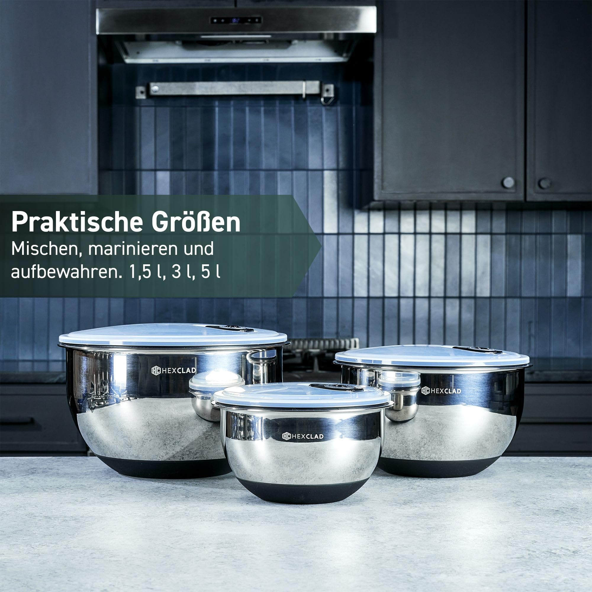 HexClad Edelstahl-Rührschüssel-Set, 3-teilig – Premium-Edelstahlschüsseln mit Deckel – Rutschfeste Silikonbasis, vakuumversiegelte Deckel – Stapelbar & spülmaschinengeeignet