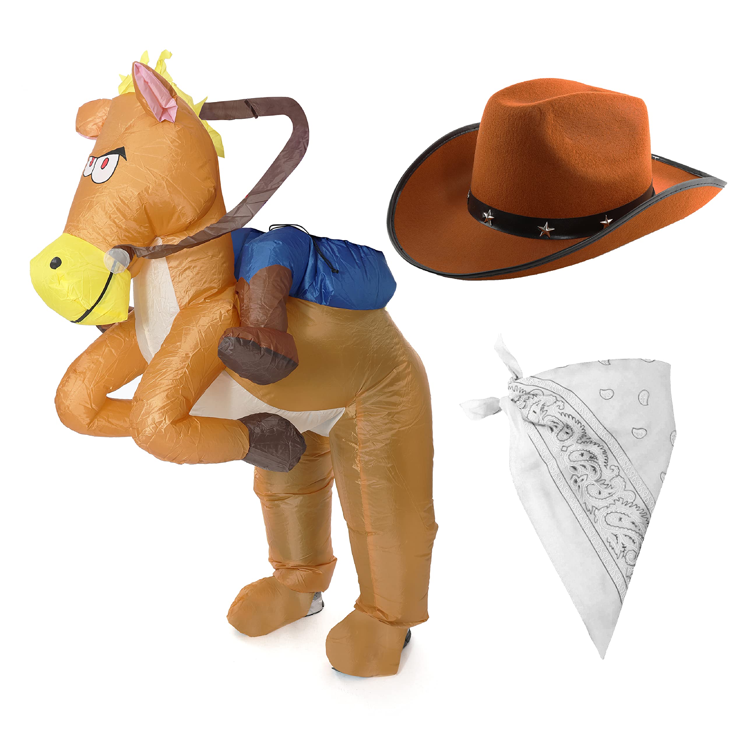 Adults Cowboy Fancy Dress Costume - Inflatable Ride-On Horse, Brown Cowboy Hat, White Paisley Bandana - Adults Wild West Fancy Dress Costume
