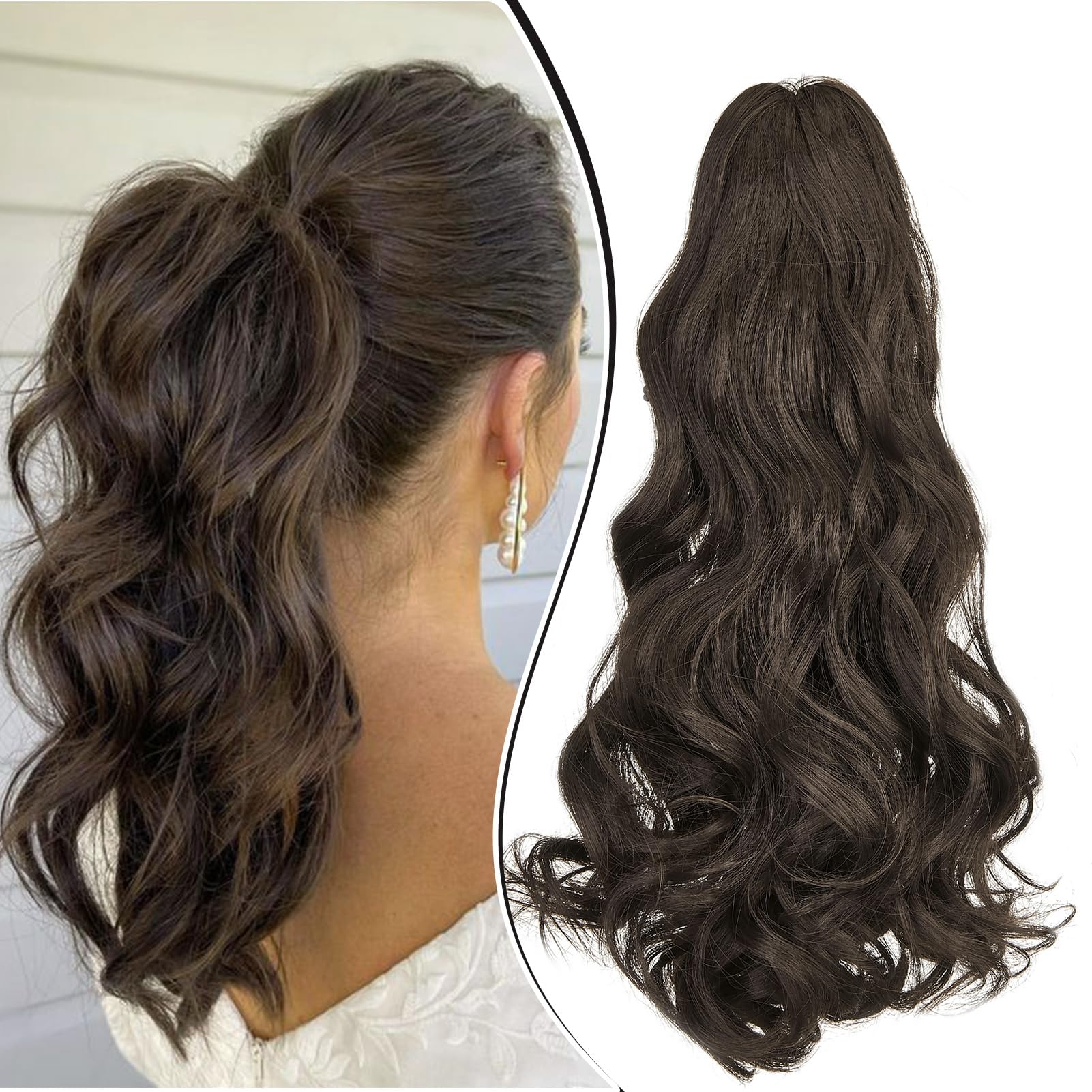 Dcbaboo Claw Clip in Ponytail Hair Extensions Long Wavy 18inch Ponytail Extension Curly Wave Synthetic Jaw on Pony tails Natural Hairpiece Fake Ponytail for Women Medium Brown
