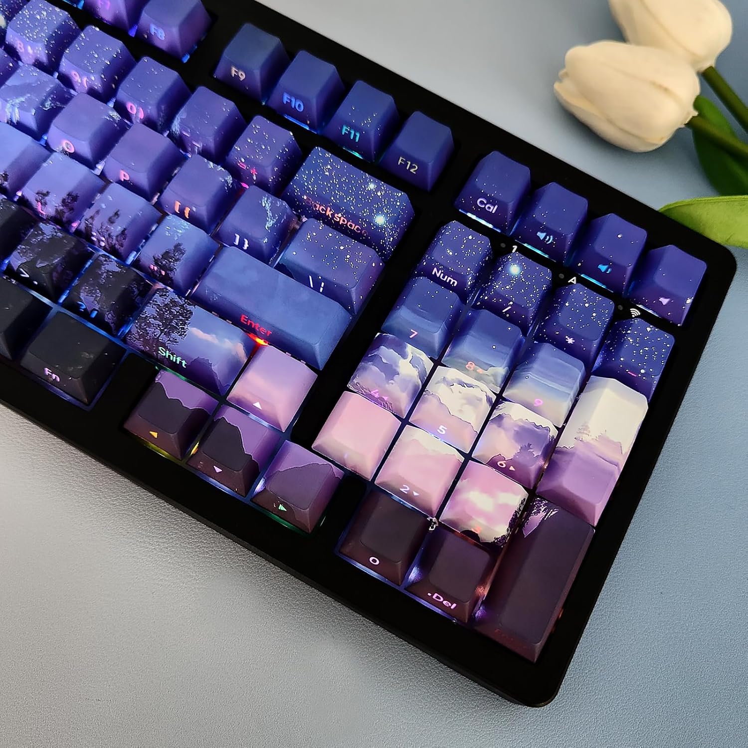 JSJT PBT Keycaps Side-Printed Keycap Set Double Shot Shine Through Custom Keycap 126 Keys Cherry Profile Gradient Purple Dawn Themed Keycaps for Cherry Mx Switchs Mechanical Keyboard