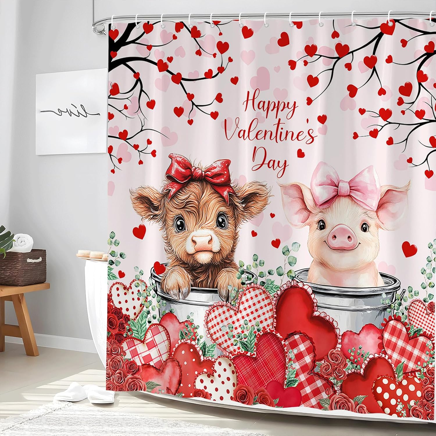 Funny Valentine's Day Shower Curtain Cute Calf Pig Red Love Heart Farmhouse Highland Cow Country Farm Animal Rustic Vintage Romantic Fashion Girls Bathroom Accessories Set with Hooks 70W x 90H inch