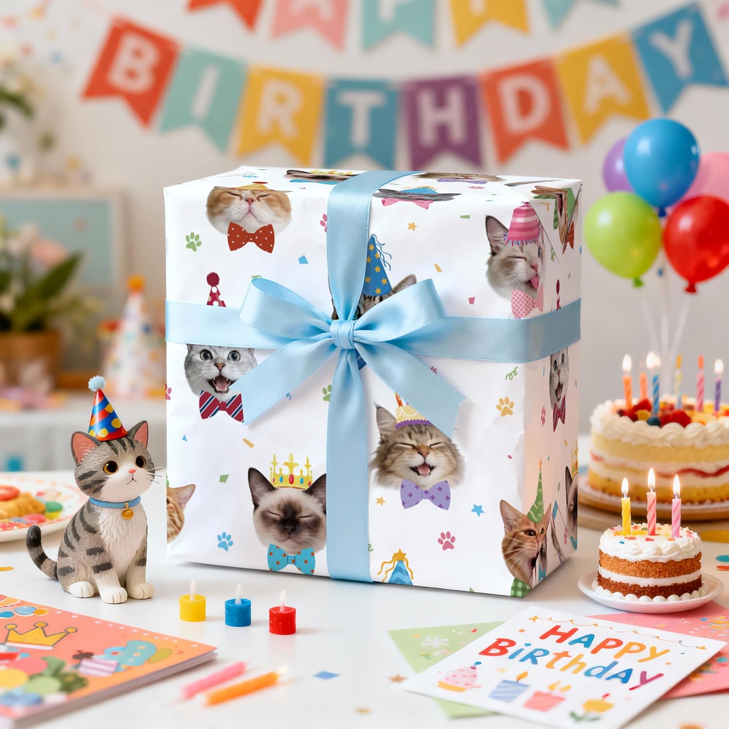 LeZakaa Funny Birthday Cat Wrapping Paper Roll, Party Hat & Bowtie Cat Pattern Gift Wrap for Kids Birthday, Pet Lovers, Party Gifts, Mini Roll 17 in x 16.4 Feet image 2