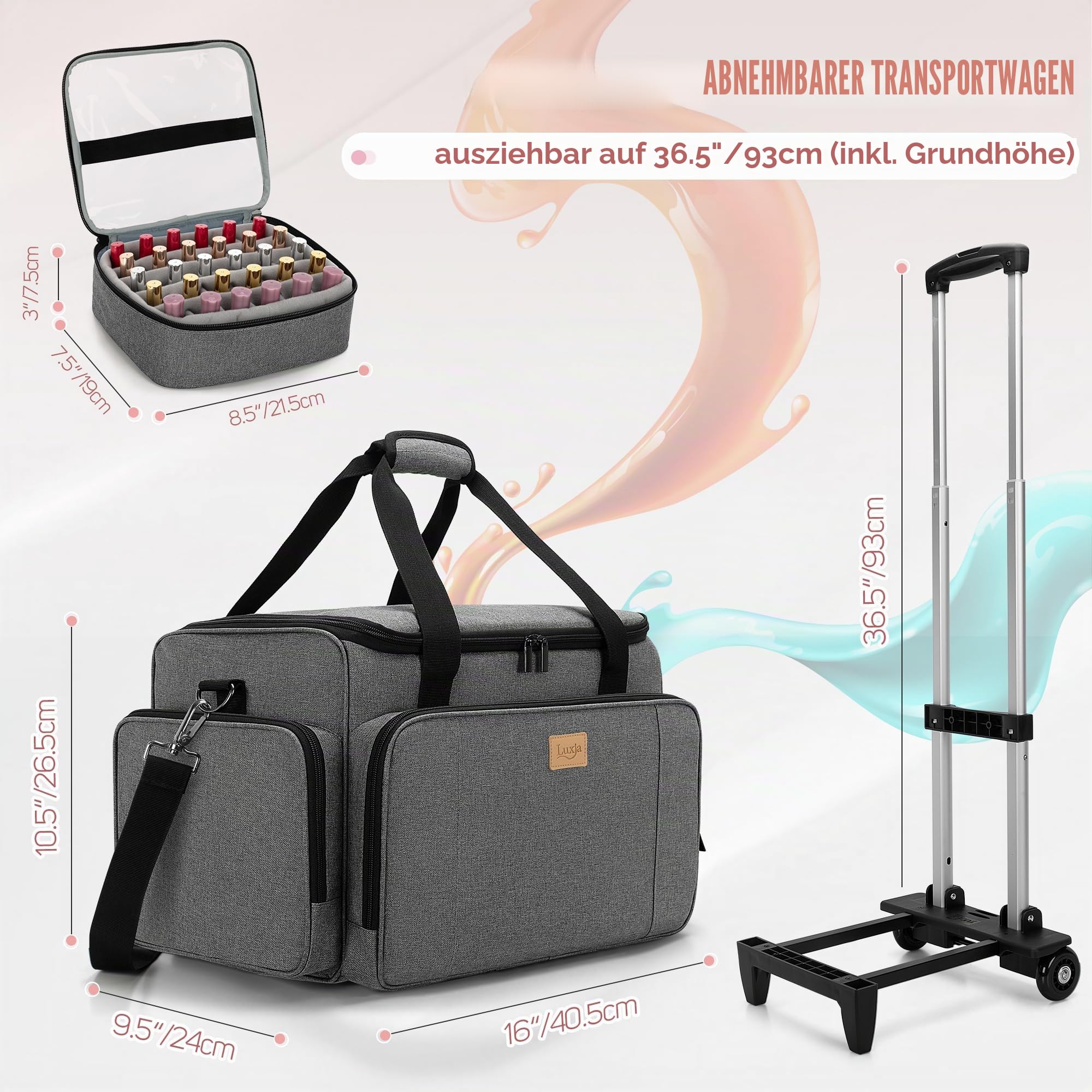 Luxja Kosmetik Trolley für 90 Flaschen Nagellack, Nagellack Koffer mit Rollen für Zubehör, Kosmetikkoffer für Nagellampe und Maniküreset, Grau