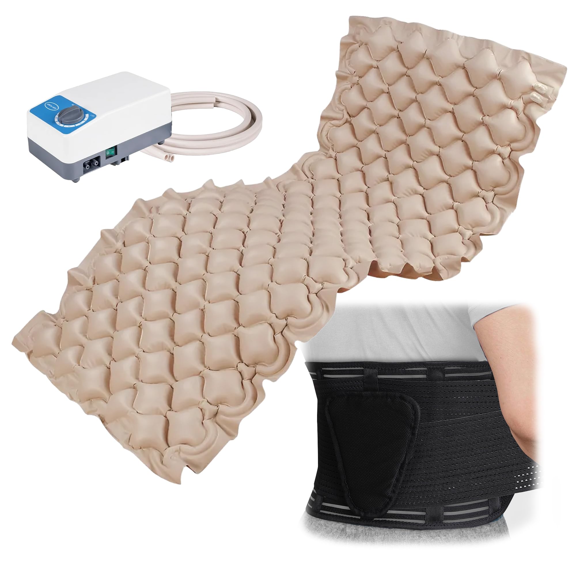 Alternating Air Pressure Mattress Pad + Back Brace – Medical Bundle for Bed Sore Prevention, Pain Relief & Post-Surgery Recovery – Quiet Pump, Waterproof Protector & Adjustable Lumbar Support Belt