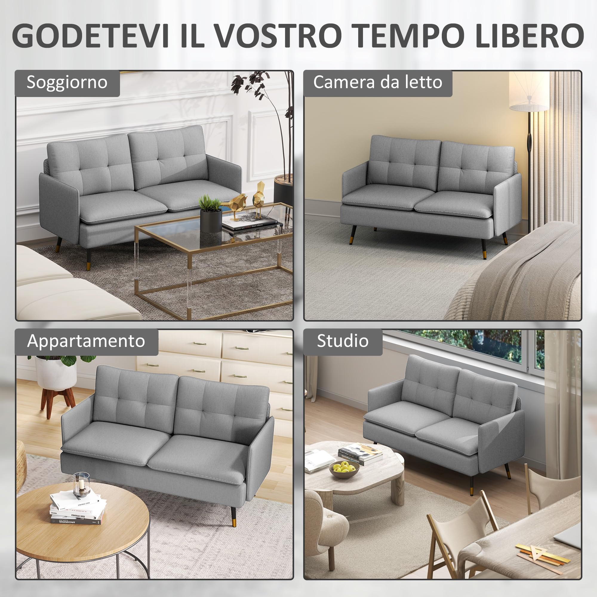 HOMCOM Divano 2 Posti in Tessuto Effetto Lino con Braccioli e Cuscini Imbottiti, Divanetto 2 Posti Moderno con Gambe in Acciaio, per Ufficio, Soggiorno, Salotto e Camera da Letto, 139x68x80 cm, Grigio