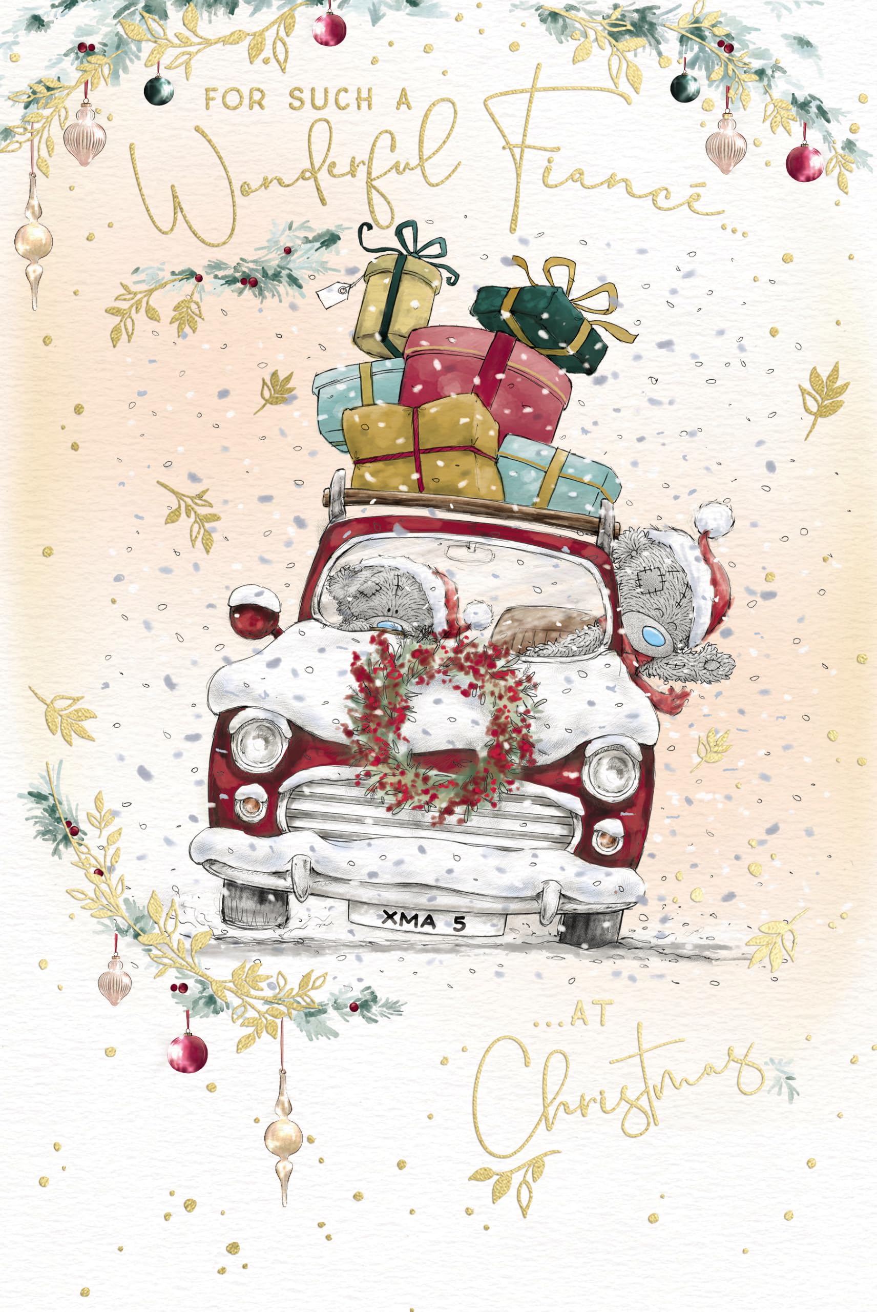 Me To You Tatty Teddy Christmas Card To A Wonderful Fiancé, With Tatty Teddy Bears In A Car 15.2 x 22.8 cm - Official Collection