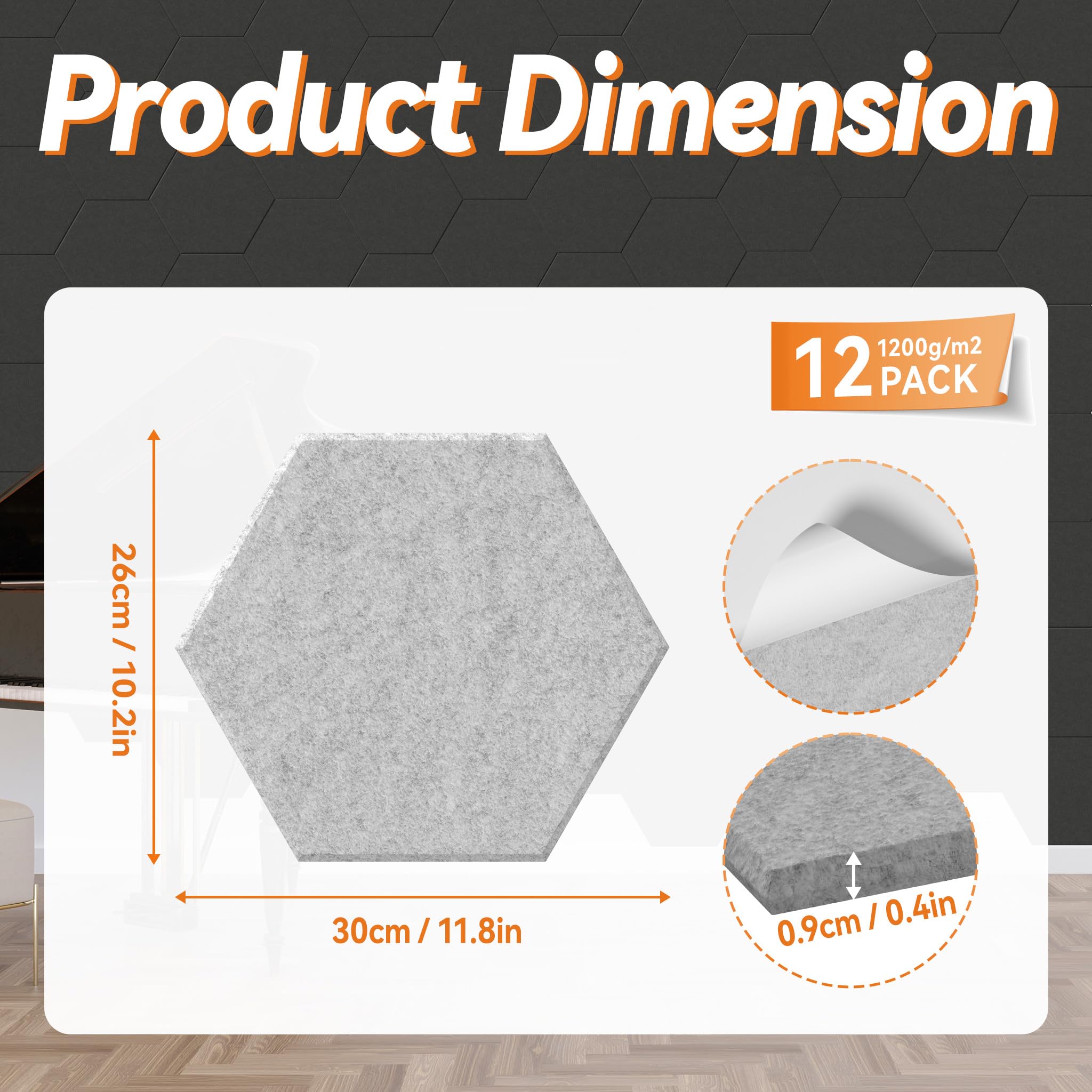 Lot de 24 panneaux acoustiques hexagonaux en feutre - 30 x 26 cm - Gris clair - Revêtement mural autocollant pour salle de travail et de sonorisation
