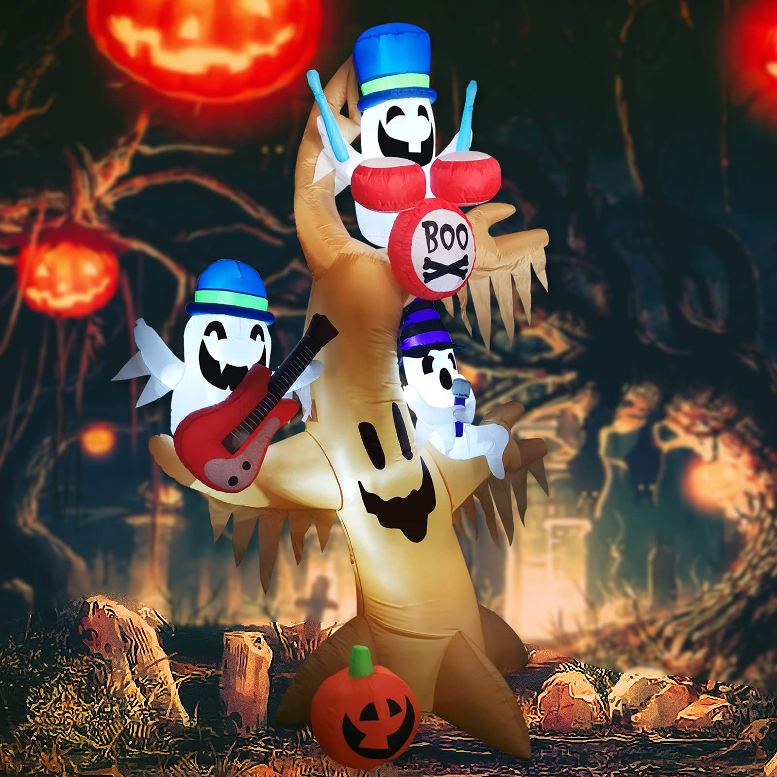 GOOSH8 FT Halloween Inflatable Outdoor Ghost Tree with Pumpkin, Blow Up Yard Decoration Clearance with LED Lights Built-in for Holiday/Party/Yard/Garden