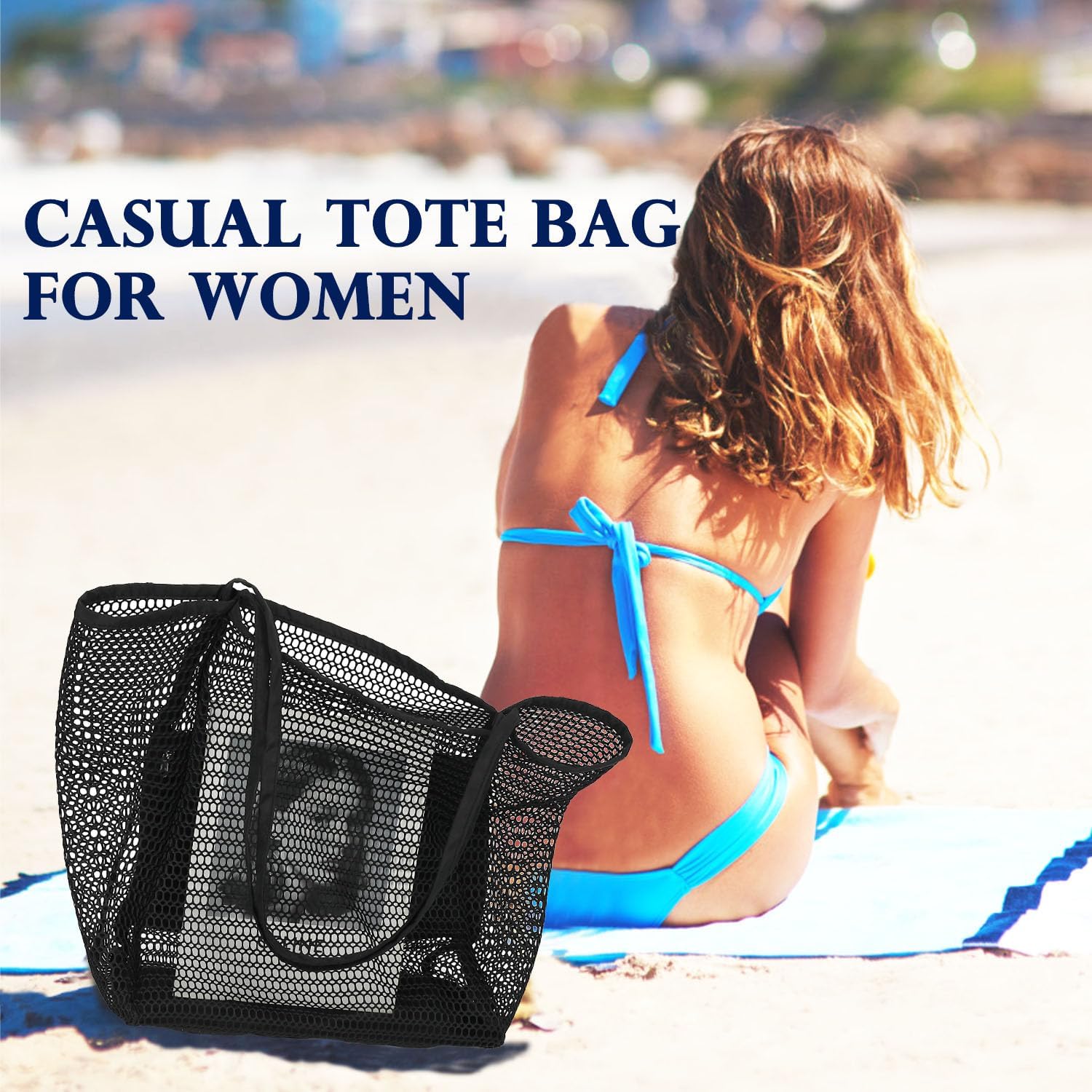 Mesh Beach Bag, Large Beach Tote with Zipper Pocket, Toys Pool Bag for Family Travel Vacation Cruise Essentials - Image 3