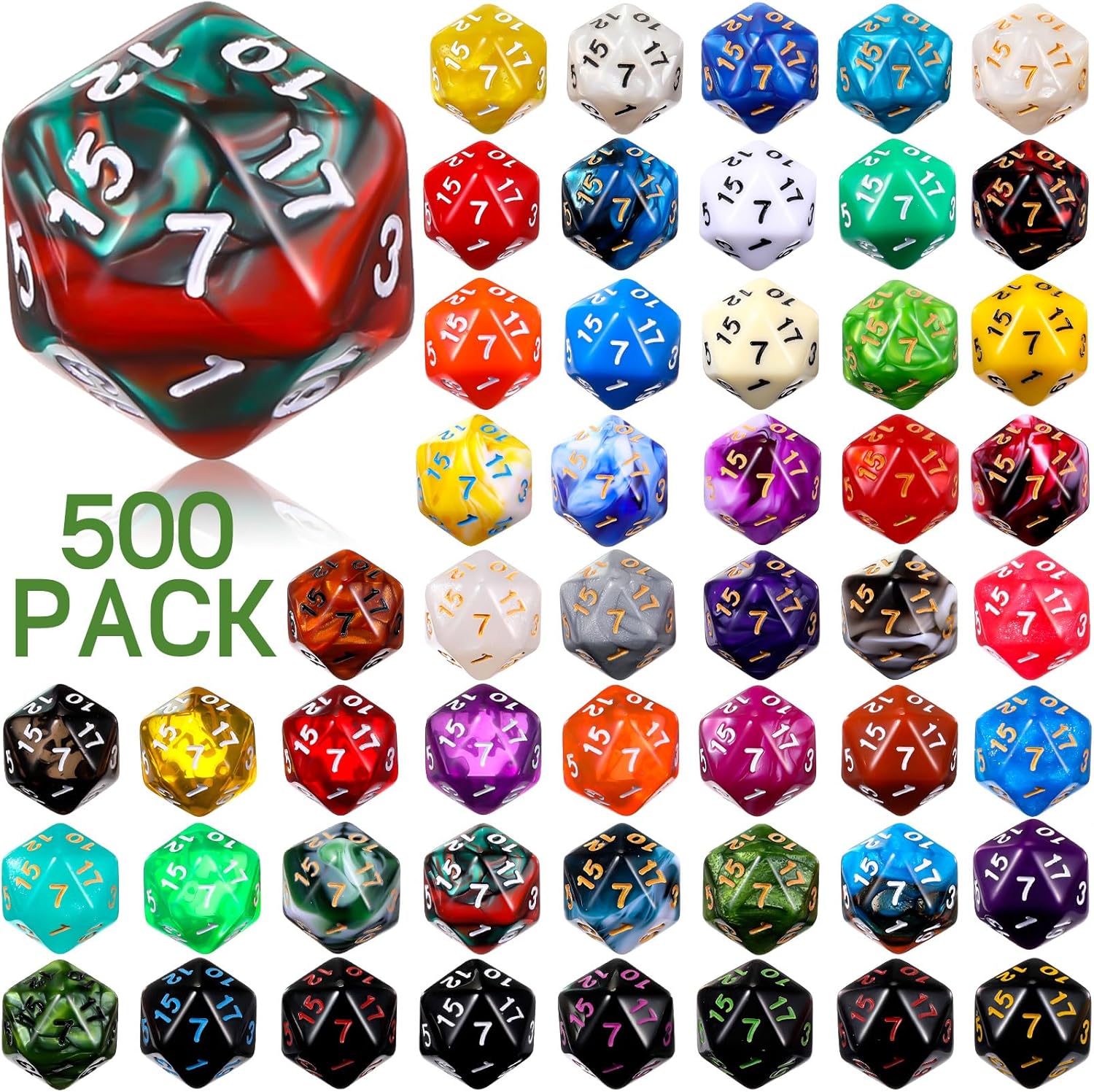 Skylety 500 Pcs 20 Sided Polyhedral Dice Sets Compatible with RPG MTG Tabletop Role Playing Table Games Multi Colored Assortment(20 Sided Style)