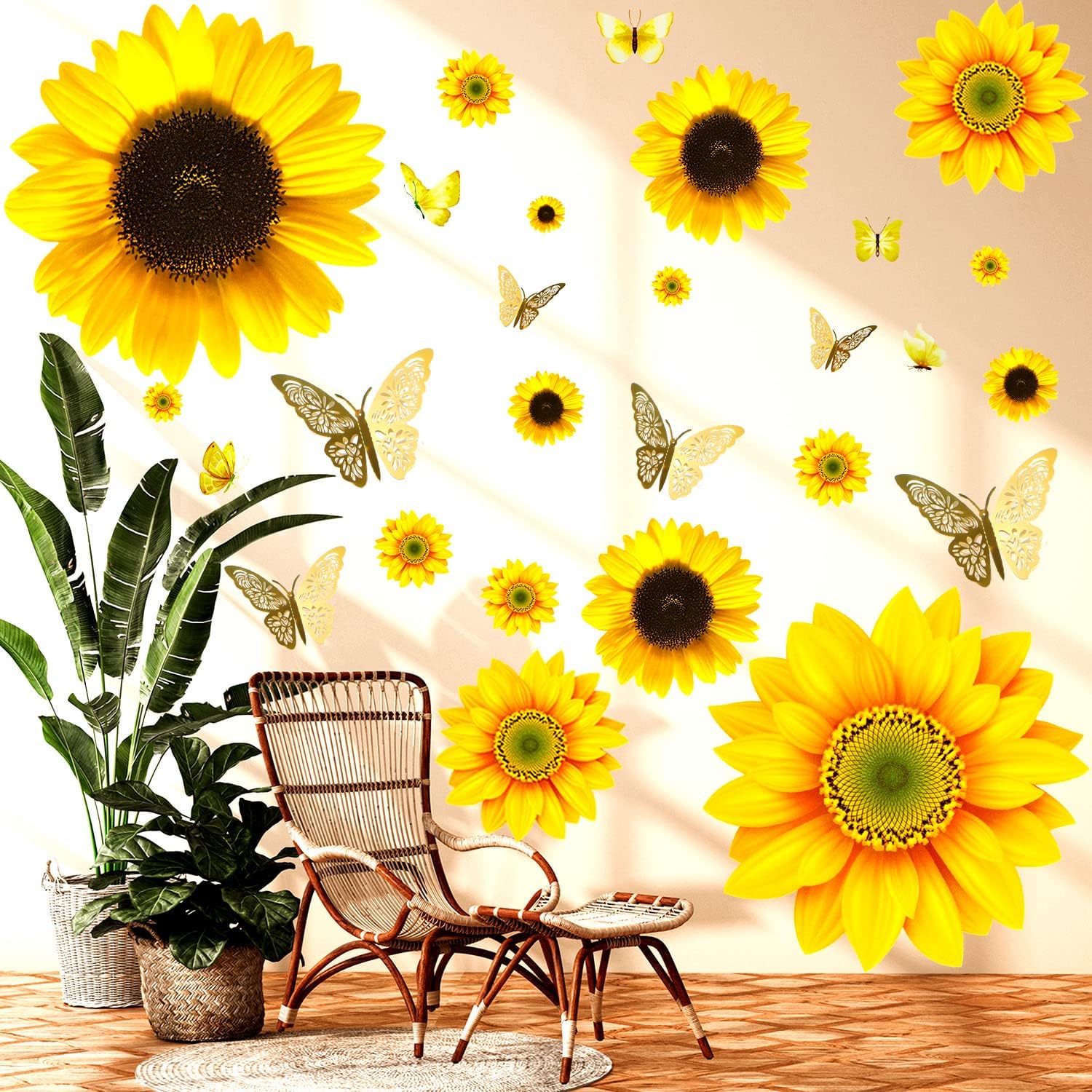39 Pcs 3D Sunflowers with Butterfly Wall Decals Decor - Large Sunflower Wall Stickers Peel and Stick Yellow Floral Stickers for Home Kitchen Bedroom Bathroom Living Room Decorations