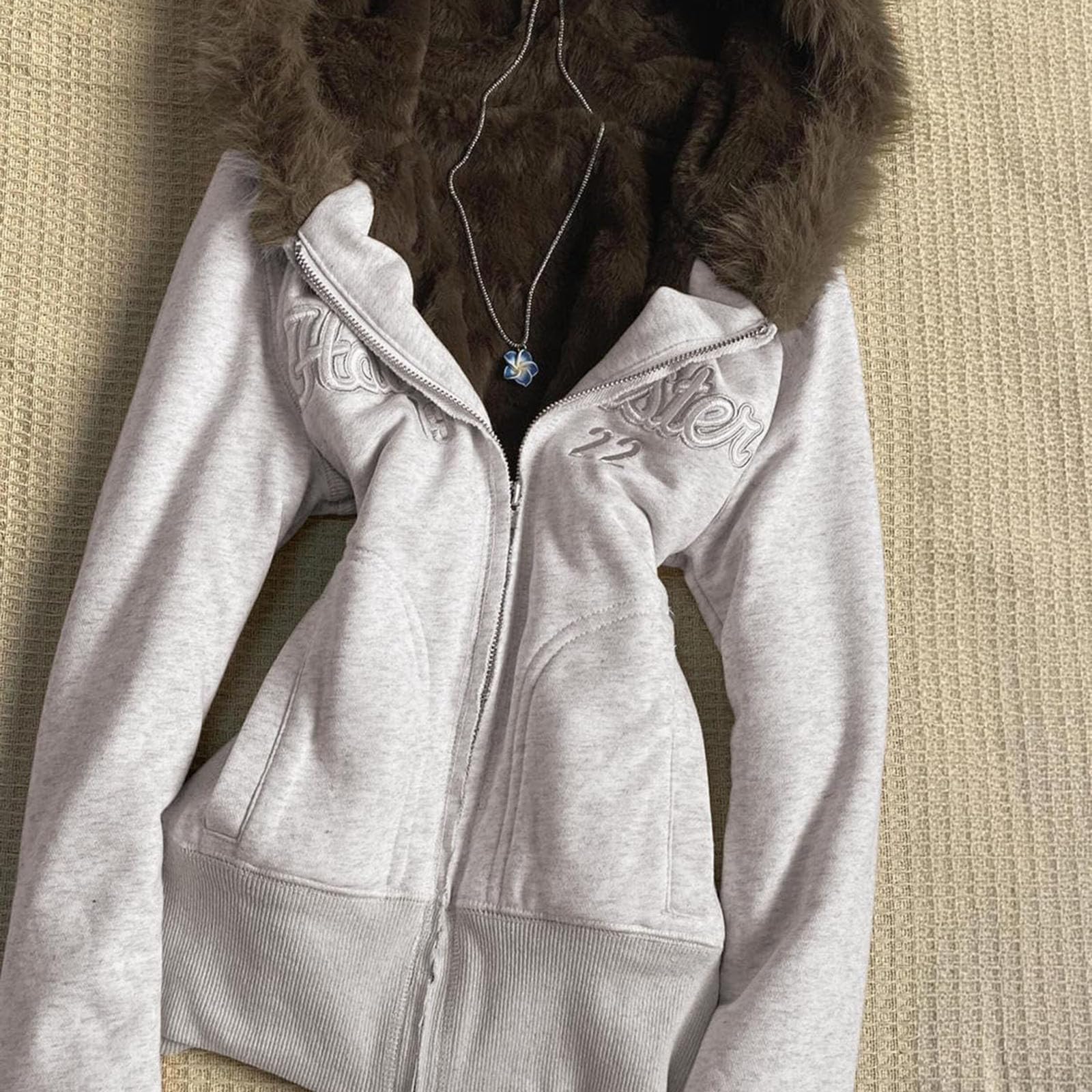 Y2K Hoodie Damen Zip Up Winterjacke mit Fellkapuze Vintage Grunge Winterjacke Streetwear Strickjacken Kapuzenpullover mit Reißverschluss übergangsjacke Fleecejacke Cardigan