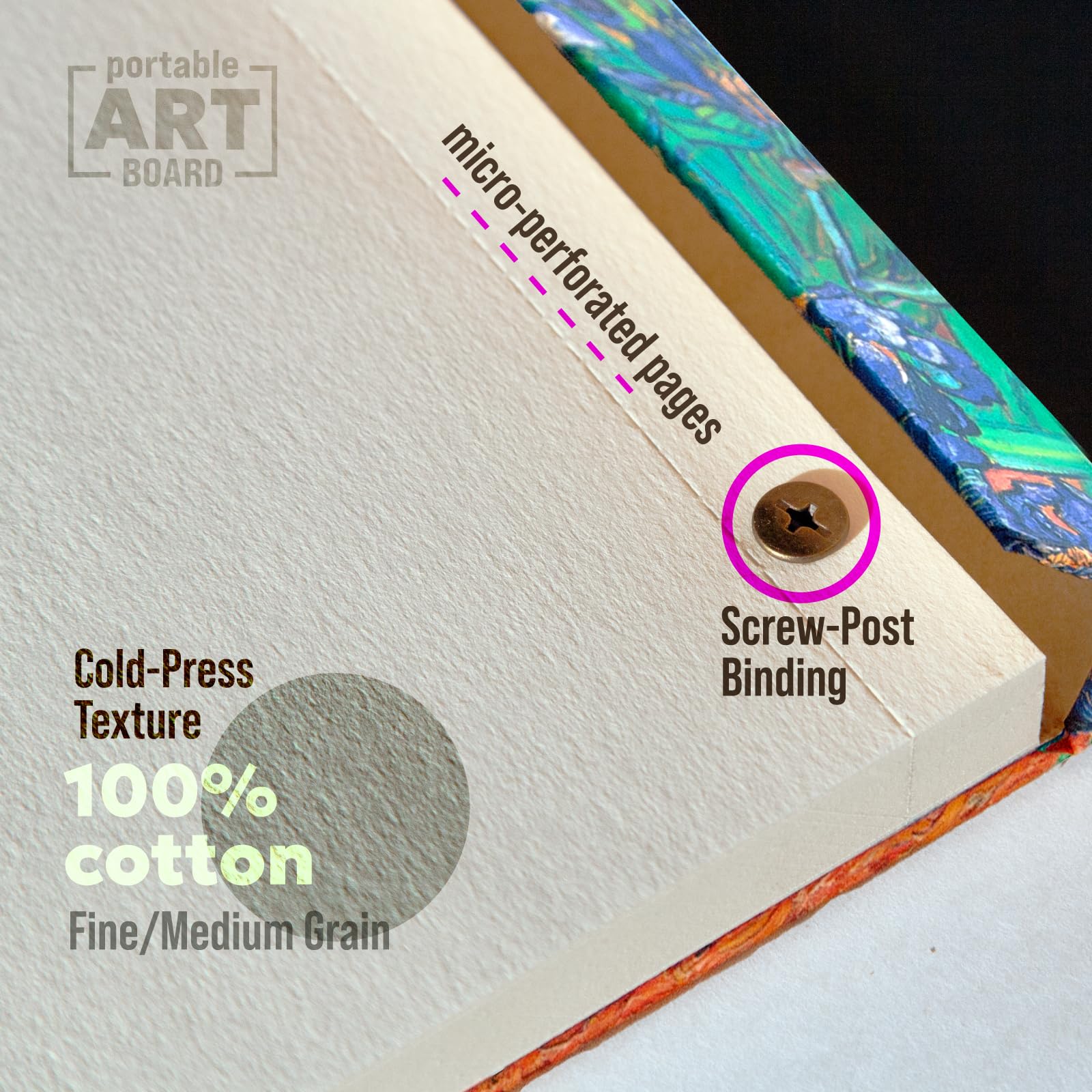 KIROSKETCH Carnet de croquis aquarelle — Couverture rigide magnétique, reliure boulonnée — Papier aquarelle 100 % coton, presse à froid 200 g/m² — 40 feuilles sans acide — À plat — Fournitures d'art