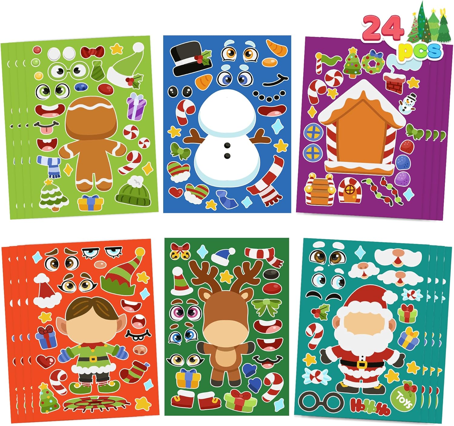 JOYIN 24 Pcs Christmas Make-a-face Stickers, Make Your Own Characters Mix and Match Sticker Sheets with Christmas Elf, Santa, Snowman, Tree, Xmas Party Games for Kids Party Favor Supplies Craft