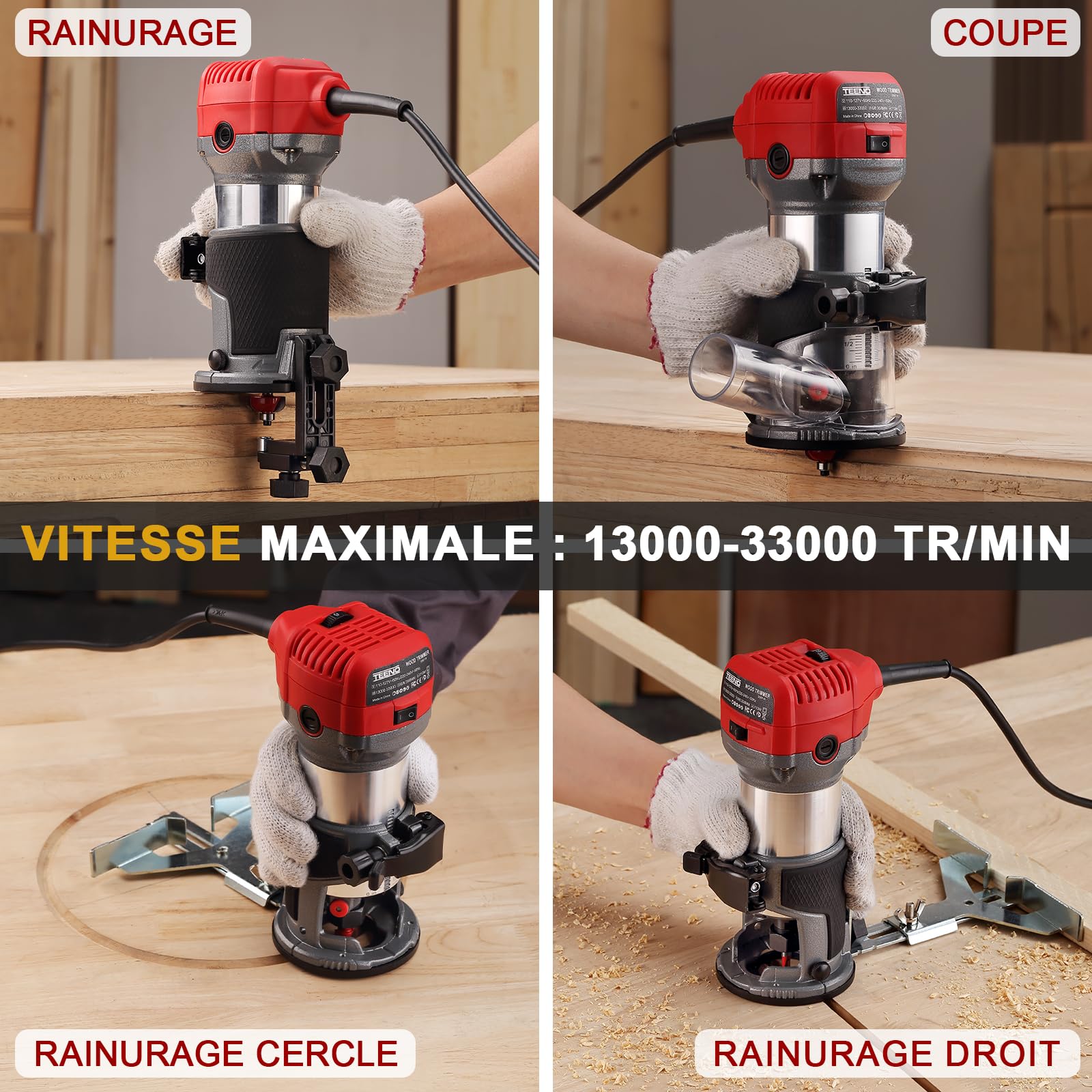 TEENO à Bois Défonceuse Affleureuse électrique 800W, Affleureuse à Bois Défonceuse 13000-33000RPM,15 Fraises à Défoncer Queue de 1/4",6 Vitesses Variables,3 Pinces de 6/6.35/8mm,Boite en Plastique