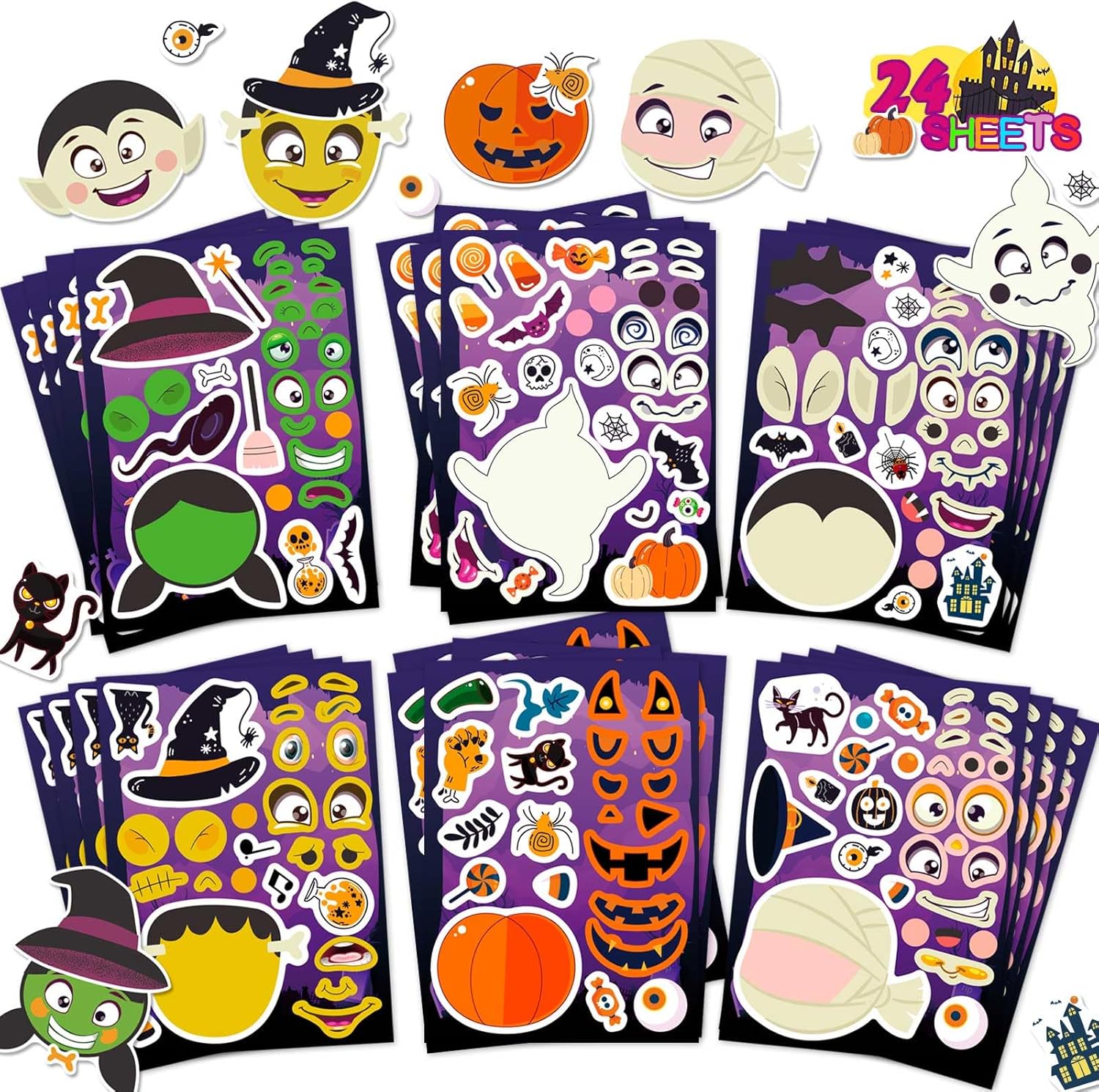 24 Sheets Halloween Stickers for Kids: Make A Face Sticker — Make Your Own Halloween Character Mix and Match Stickers Vampire, Witch, Mummies Zombies, Ghost, and Pumpkin, Trick or Treat Party Supplies Halloween (6 Designs)