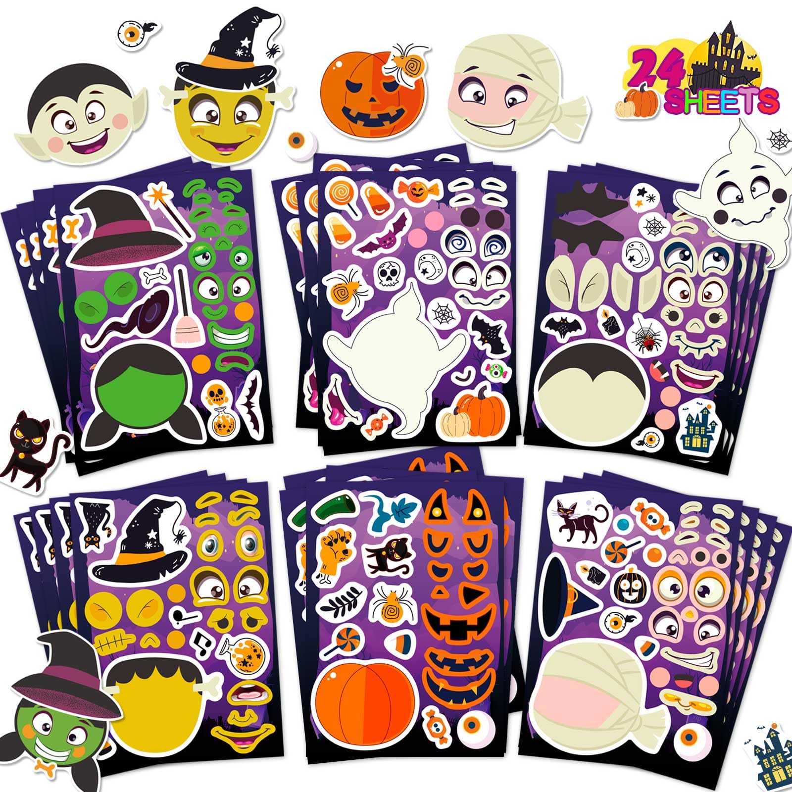 24 Sheets Halloween Stickers for Kids, Make a face Sticker, Make Your Own Halloween Character Mix and Match Stickers Vampire, Witch, Mummies Zombies, Ghost and Pumpkin, Trick or Treat Party Supplies