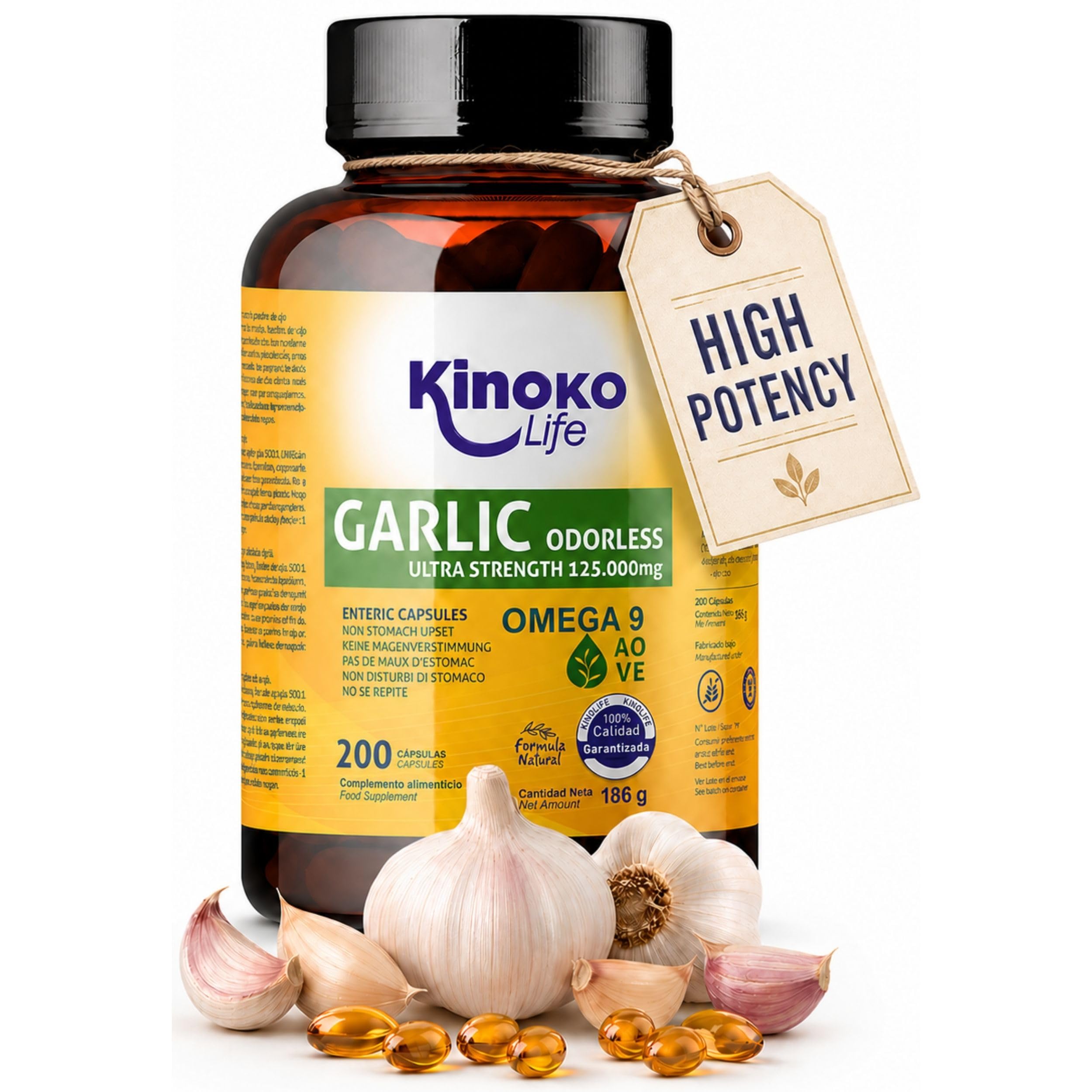 Aglio Deodorato 500:1 (Allium sativum) – 250 mg per Capsula, 2500 mcg Alicina, Softgel con Rivestimento Enterico, Formula Inodore, con Olio di Oliva, 200 Capsule, Senza Glutine, Non OGM