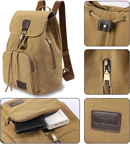 Miniatura 4 de Qyoubi Mochilas de lona a la moda, bolso casual para compras al aire libre, mochila deportiva, senderismo, viajes, bolsa multiusos, Caqui, Mochilas