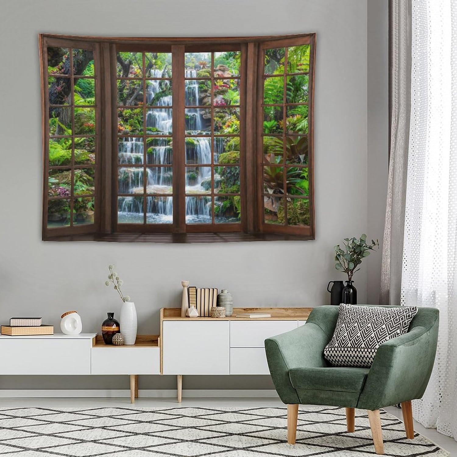 ZhiRain Natural Waterfall Tapestry Wall Hanging Beautiful Green Forest Garden Scenery Tapestries Home Decor for Living Room Bedroom Apartment Farmhouse Dorm 60"x80"