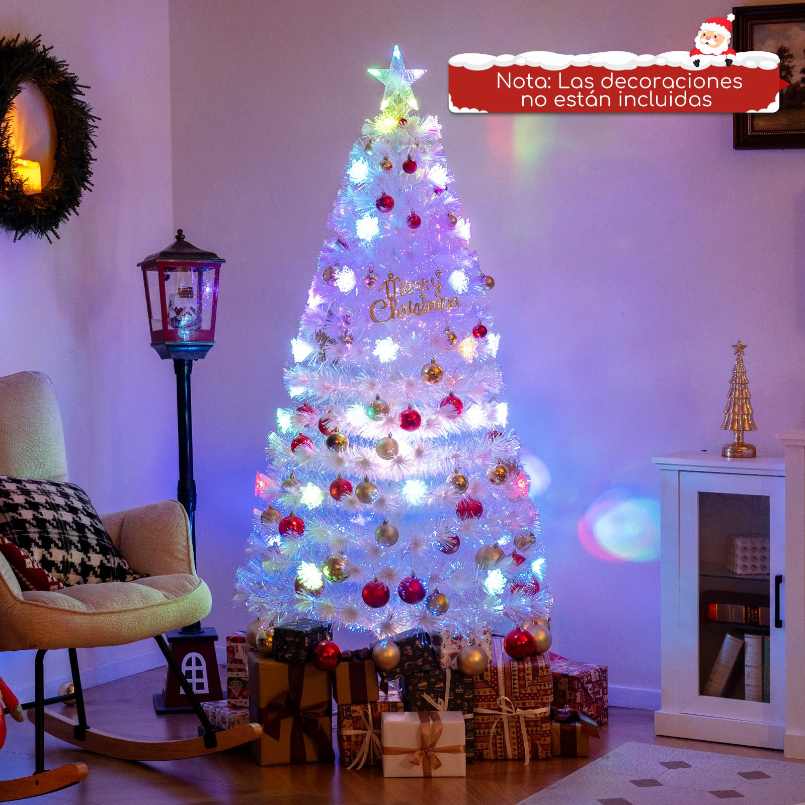 COSTWAY 180cm Árbol de Navidad Blanco, Hojas Iridiscentes, Árbol de Navidad de Fibra Óptica Preiluminado, 30 Luces LED de Copos de Nieve, Estrella, Arvore de Natal Oficina y Hogar(180cm)
