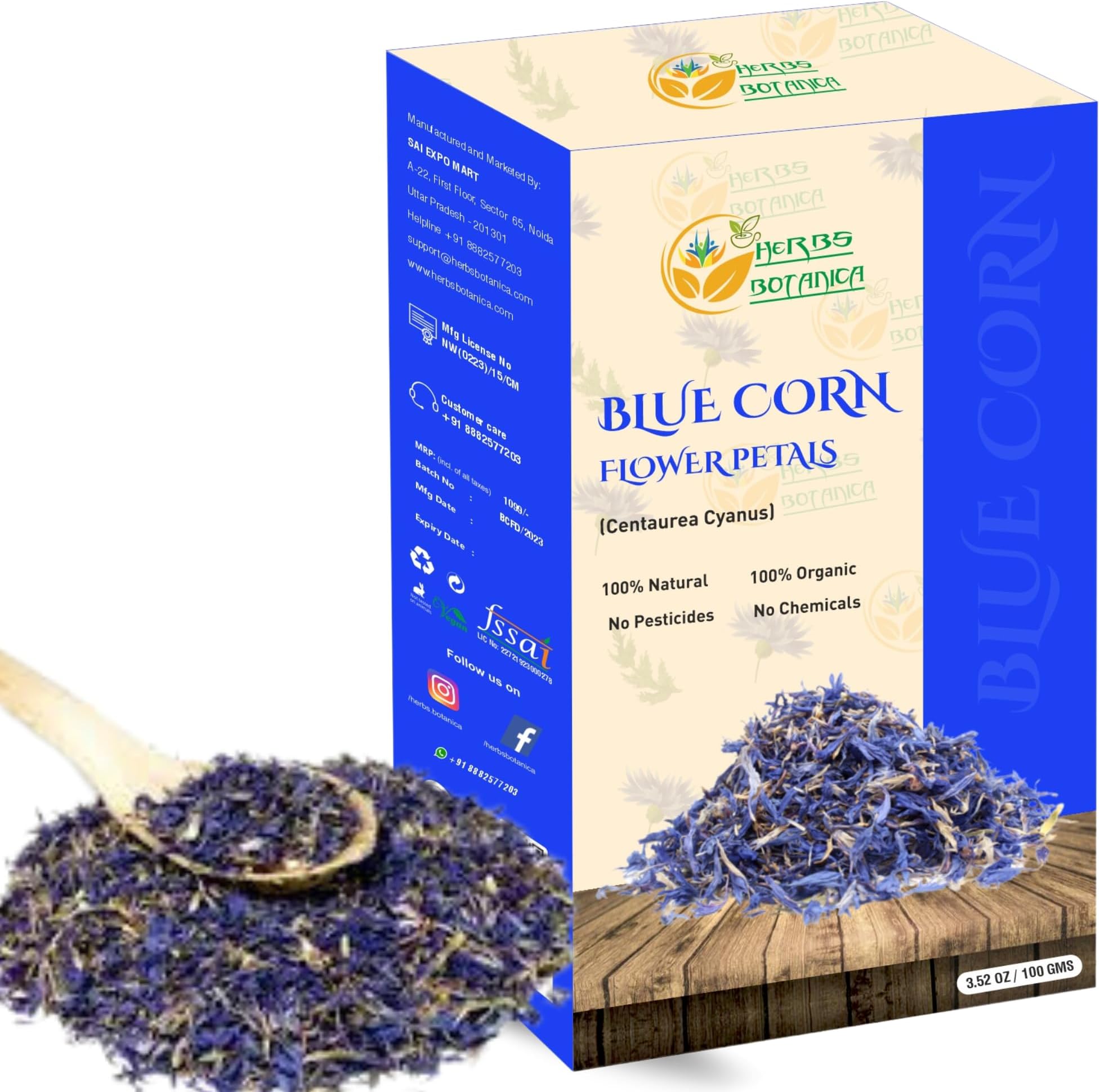Herbs Botanica Blue Cornflower Petal Dried 100% Natural Edible Dried Flowers for Tea, Baking, Cooking, Decorations & Herbal Blends Loose-Leaf Blue Flower Petals – 3.5 oz