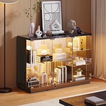 Lvifur High Gloss Glass LED Curio Cabinet with Lock for Toys, Black