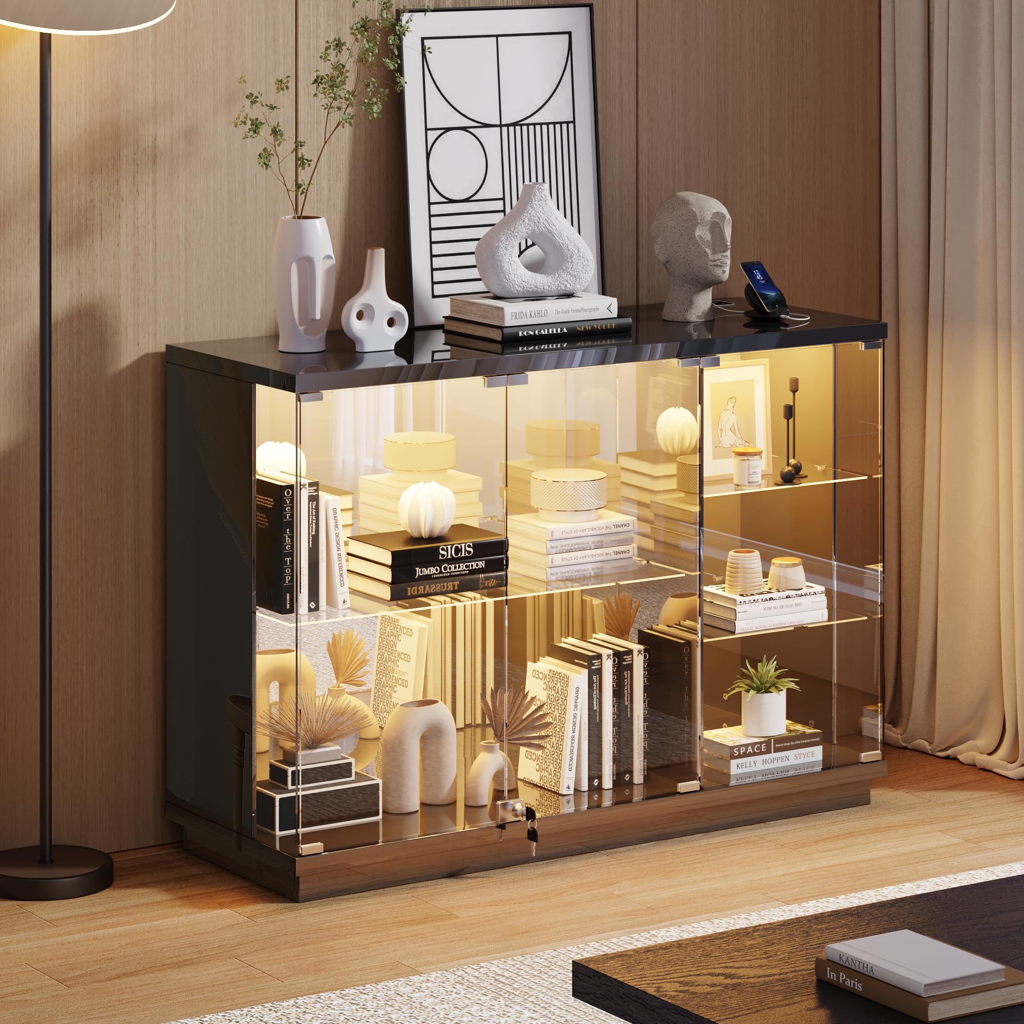 Lvifur Glasvitrine LED Beleuchtung und Glastüren,Glas Vitrinenschrank,Display Cabinet mit Intelligente Sensorik,3-Lagen Holz Vitrine Staubdicht für Wohnzimmer Schlafzimmer Büro,Schwarz