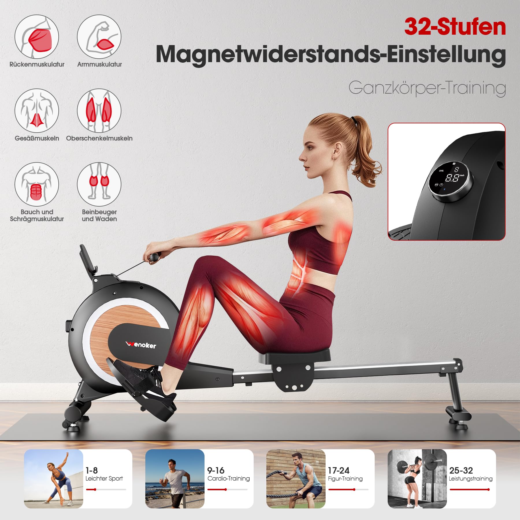 [2026 Neu] Wenoker Magnet Rudergerät für Zuhause mit 16/32 Stufen Widerstand, 160 kg Belastbarkeit, LCD-Monitor intelligenter Drehknopf, APP-gesteuert, Indoor-Cardio-Training für Home-Gym