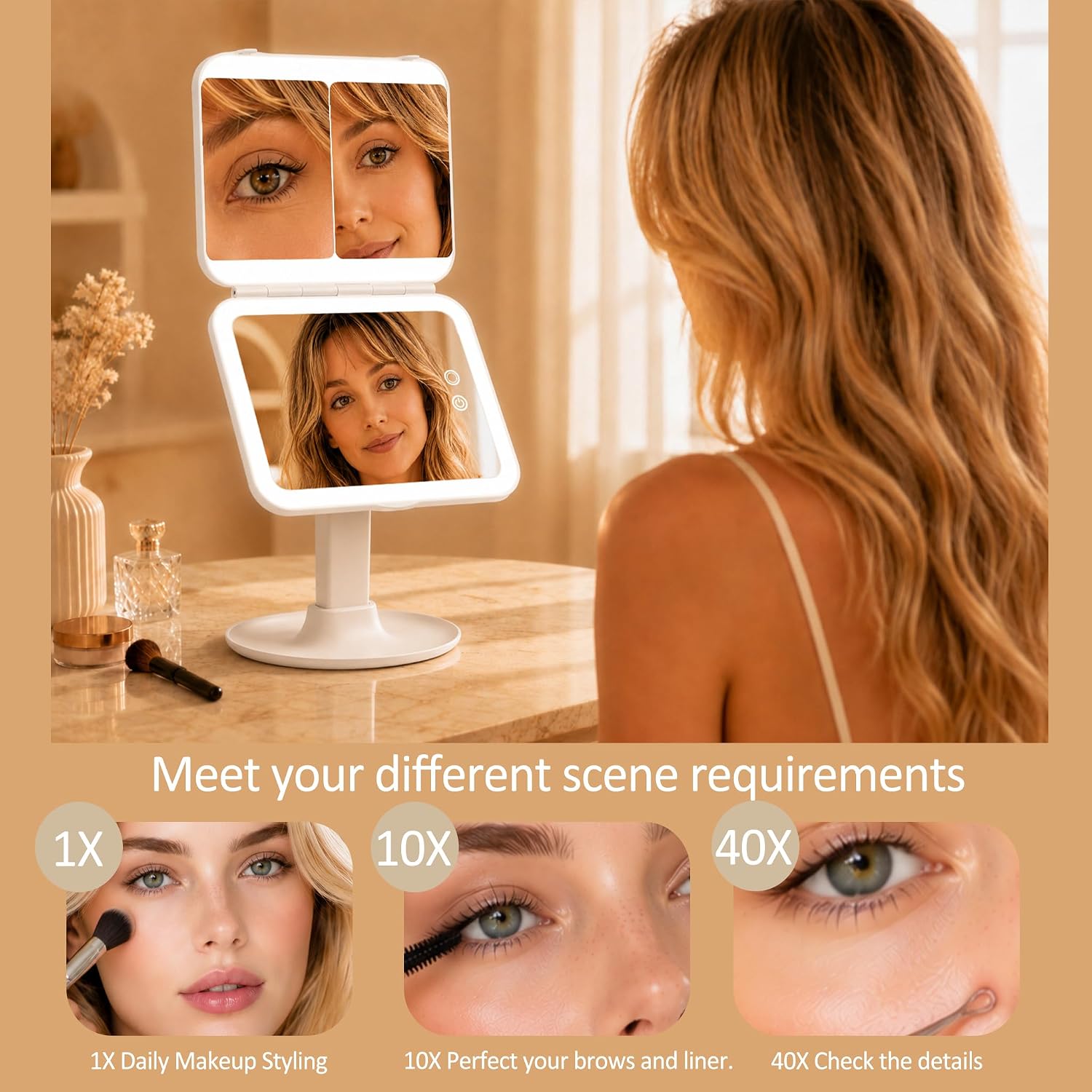 Rechargeable Travel Makeup Mirror with Light,10X 40X Magnification