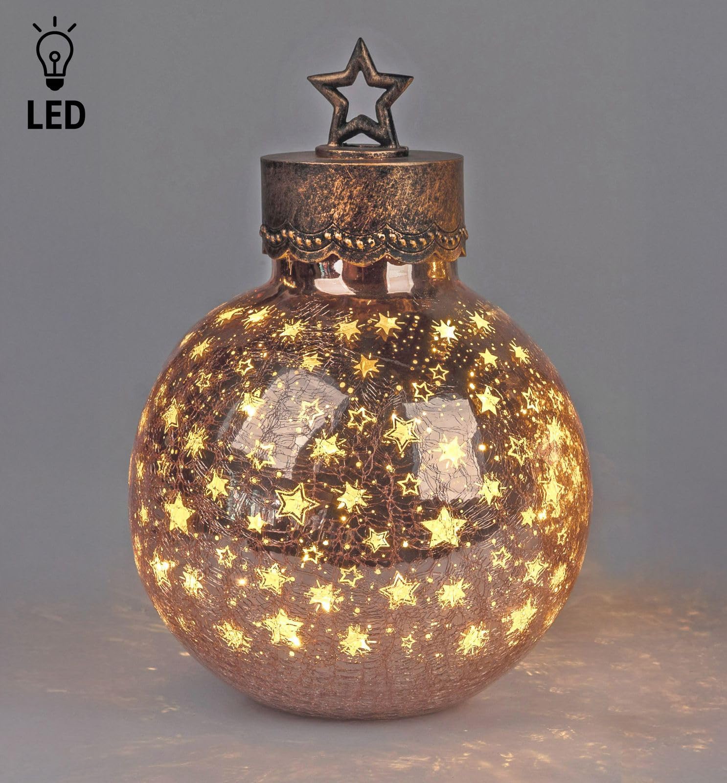 formano LED Deko-Kugel 30 cm Sterne Rose-Gold Glaskugel Timer 6h/18h beleuchtet - Batteriebetrieben - Herbst Winter Weihnachtsdeko für Tisch Regal Fensterbank