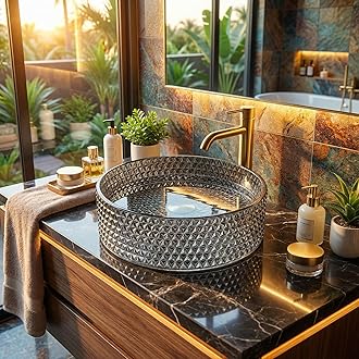 Moduler Vanity Crystal Glass Wash Basin/Glossy Finish/Bathroom Sink/Vessel Sink Table Top Wash Basin/Wash Basin For Bathroom Bowl For Bathroom/Washroom 395x395x120 mm Black Silver Color