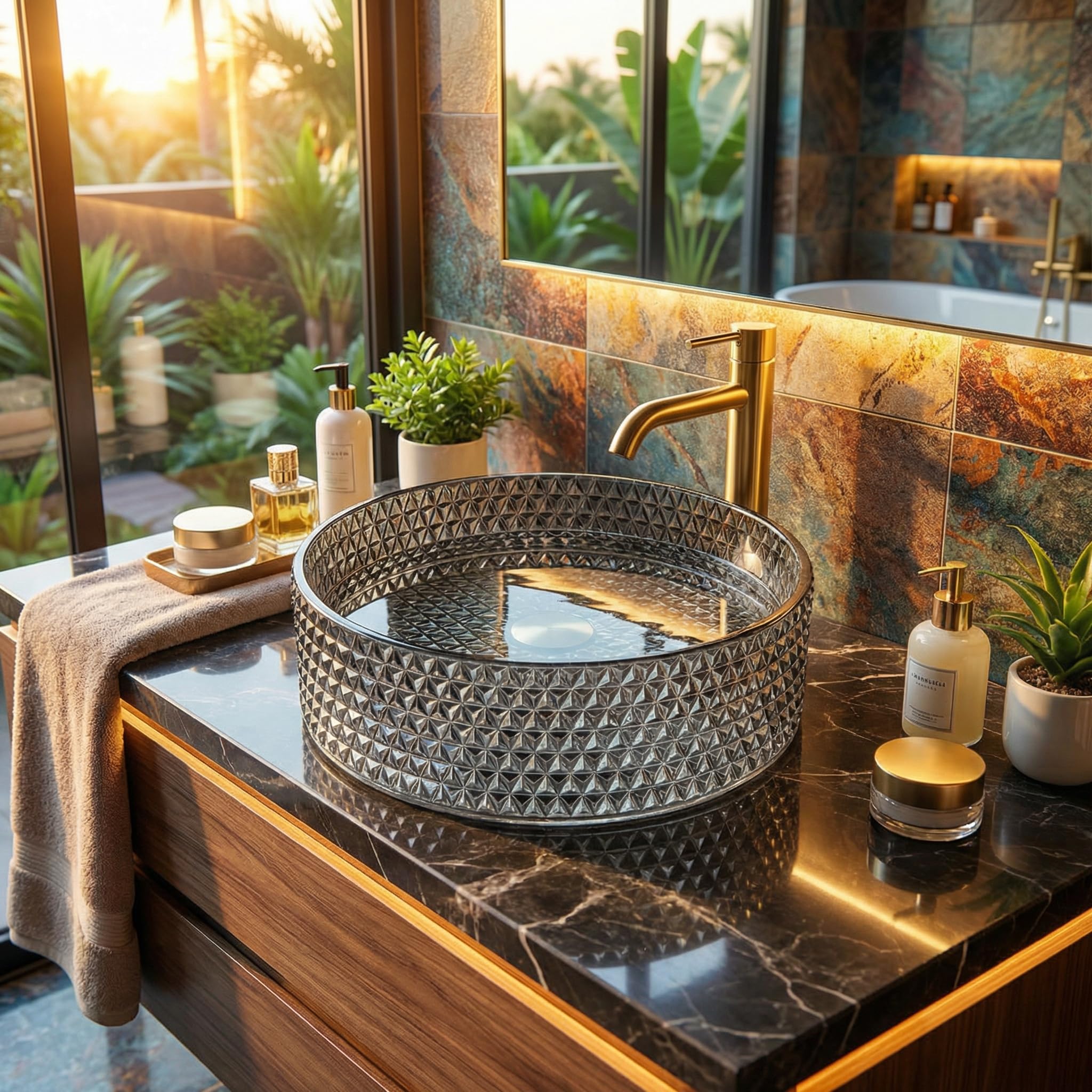 Moduler Vanity Crystal Glass Wash Basin/Glossy Finish/Bathroom Sink/Vessel Sink Table Top Wash Basin/Wash Basin For Bathroom Bowl For Bathroom/Washroom 395x395x120 mm Black Silver Color