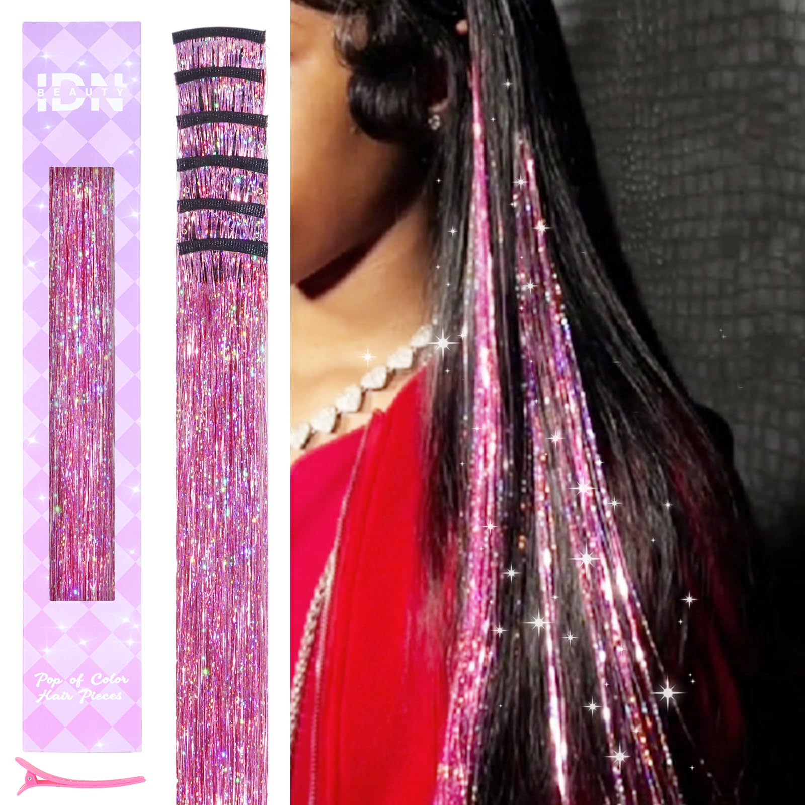 IDN BEAUTY Hair Tinsel Clip in, 6pcs Pink Sparkling Tinsel Hair Extensions 3s Wear and Go for Party Daily Travel Birthday, 24Inch Hair Accessories for