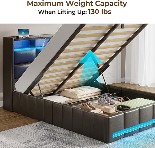 Miniatura 6 de Rolanstar Marco de cama individual con almacenamiento elevable, estación de carga y luces LED, cabecero tapizado con almacenamiento, listones de