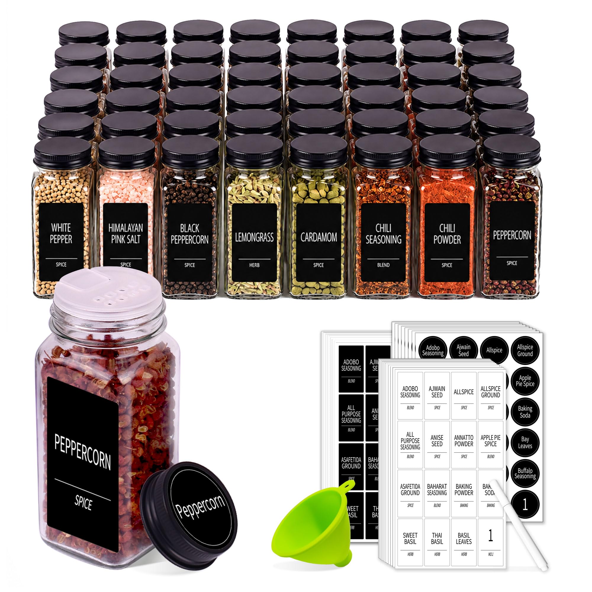 48 tarros de especias con 547 etiquetas: tarros de especias de vidrio con tapas de metal negro, recipientes vacíos de especias de 4 onzas con tapas de coctelera, embudo, bolígrafo de tiza, botellas de