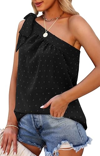 Miniatura 4 de XIEERDUO Camisetas de gasa de verano con un hombro para mujer con lazo sin mangas ajuste holgado