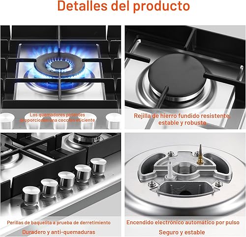 Miniatura 3 de Placa de cocina de gas de 30 pulgadas, estufa de gas con 5 quemadores de alta eficiencia, estufa de gas de acero inoxidable integrada para cocina,