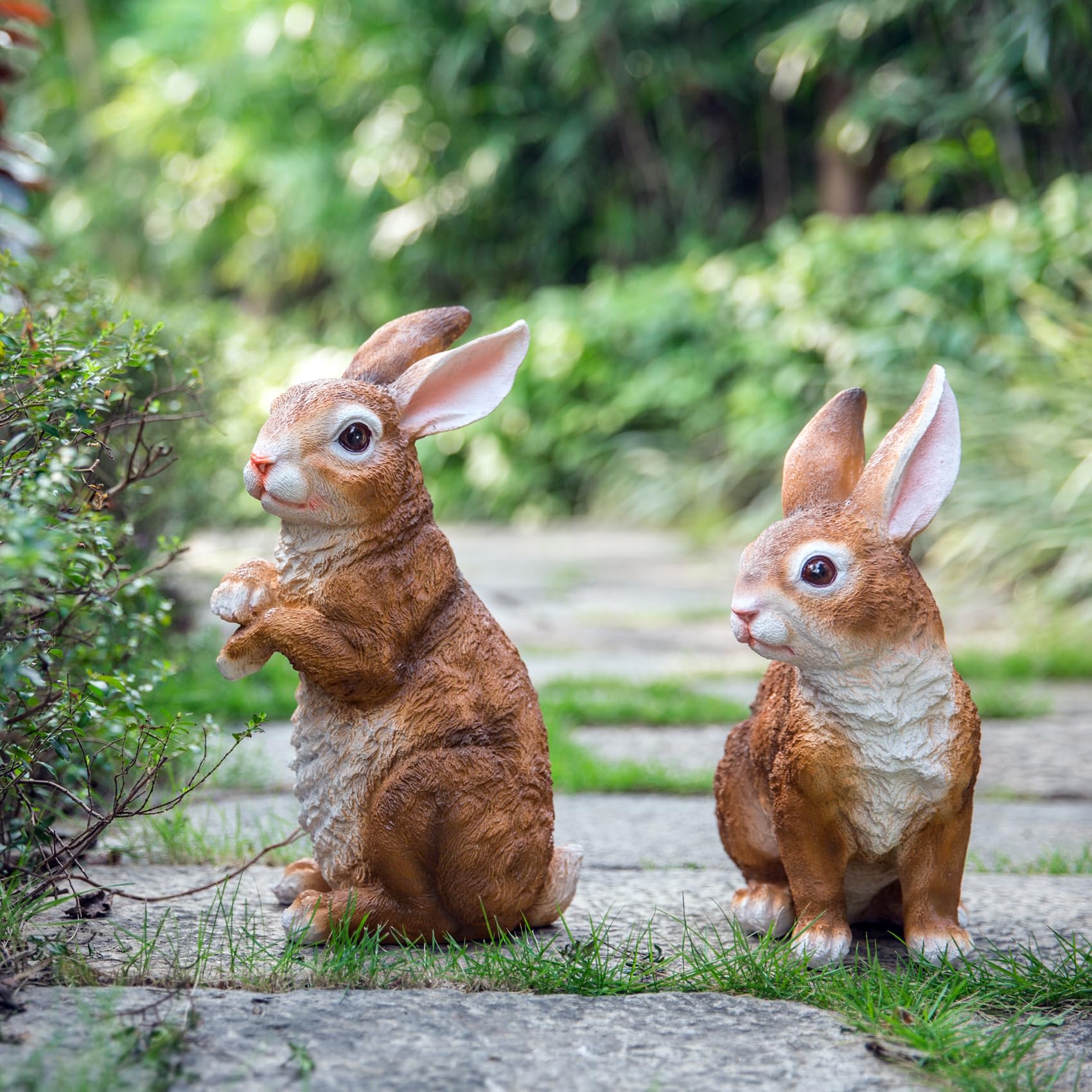 Resin Rabbit Garden Statues Outdoor Set of 2-12.9 Inch Large Garden Statues, Yard Art Decor for Patio, Balcony, Yard, Lawn Ornaments (2-Piece Bunny Statues)