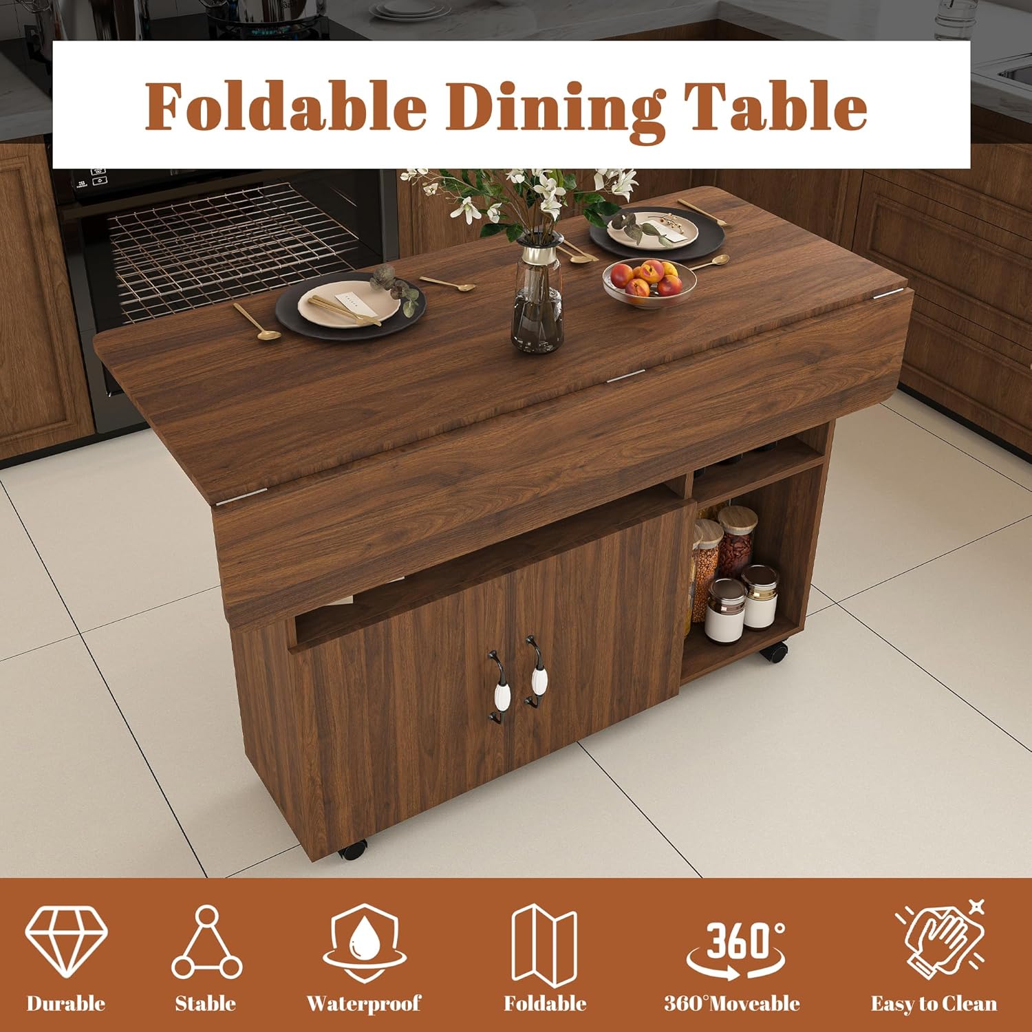 KEIKI 47 Inch Foldable Dining Table, Multi-Functional Folding Table with Storage Shelves and Wheels, Drop Leaf Extendable Dining Desk, Versatile Foldable Side Table for Kitchen, Dark Walnut
