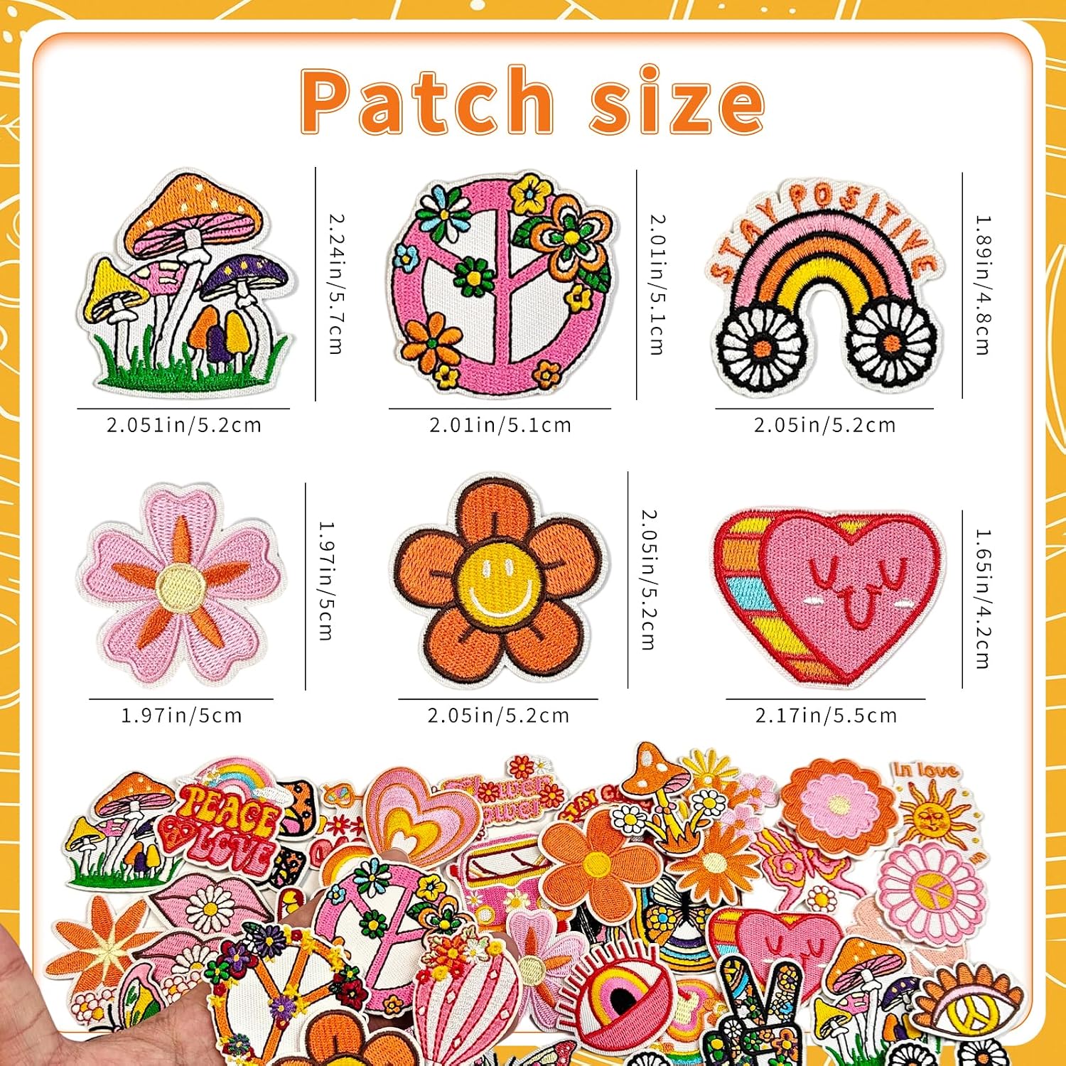 48 Pcs Hippie Iron-On or Sew-On Patches, Embroidered Patches for Jeans, Jackets, Hats, Bags, Backpacks, Clothing.