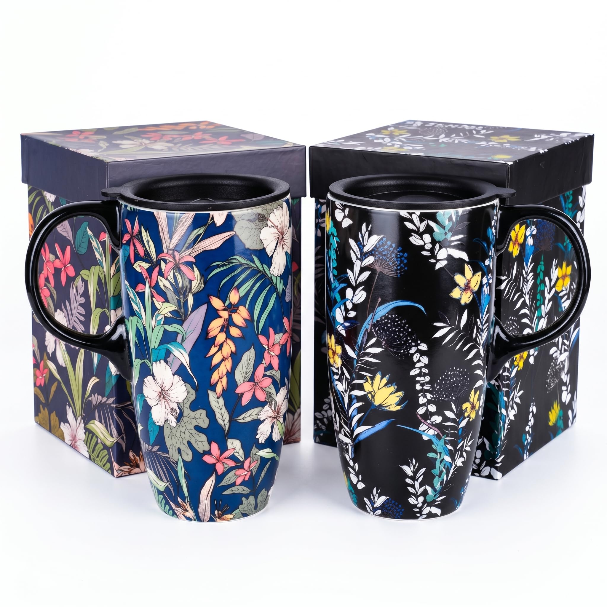 Taza de cerámica de café con tapa de porcelana Latte taza de té con 2 unidades, color azul y negro