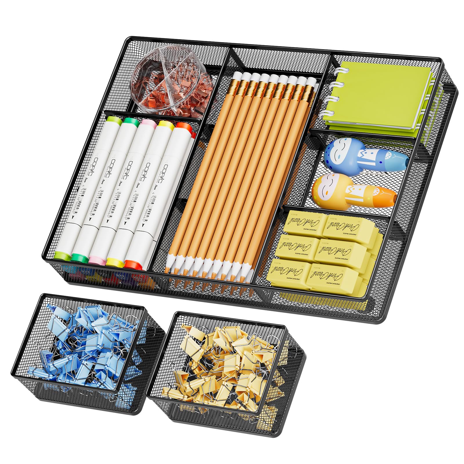 Marbrasse 3 Packs Desk Drawer Organizers, Metal Mesh Dividers Desk Drawer Organizer Tray with 9 Adjustable Compartments, Pen Organizer for Drawer Tray