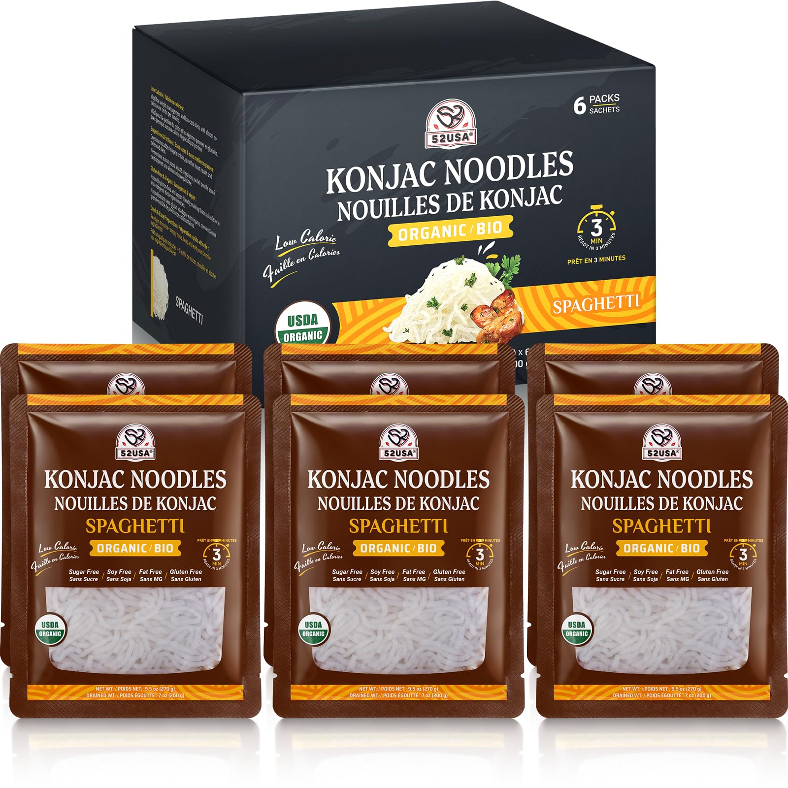 52USA Organic Konjac Spaghetti Noodle, 6-Pack (52.8 oz Total) – USDA Organic Shirataki Pasta, Low Carb, Keto Friendly, Vegan, Sugar-Free, Gluten-Free, Ready to Eat, High Fiber Noodles