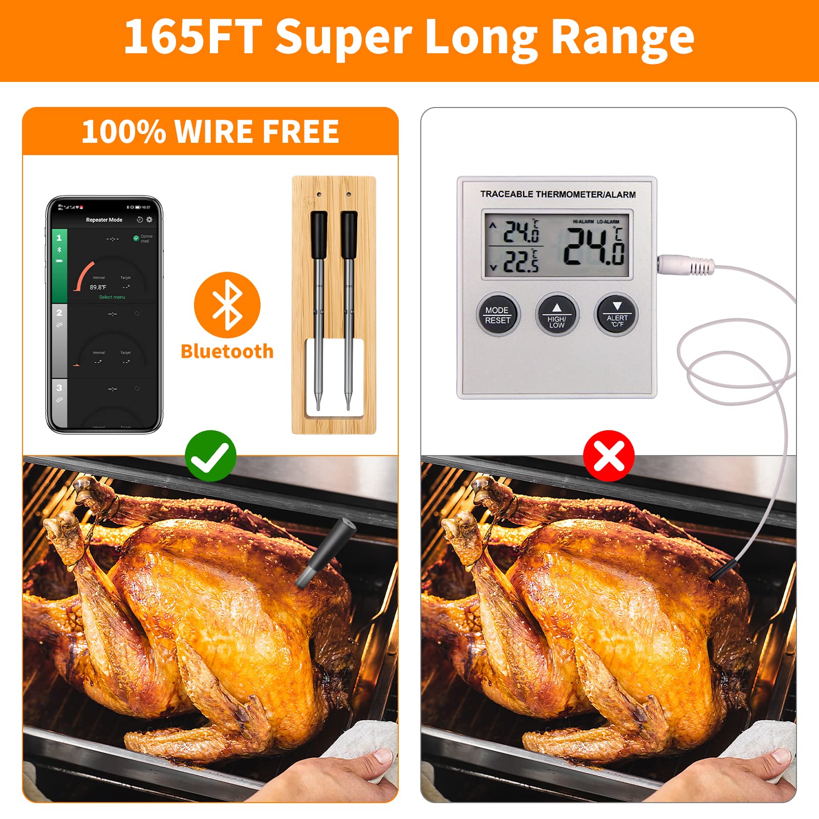Wireless Meat Thermometer Smart Meat Thermometer for Grilling and Smoking Bluetooth 260ft Range Digital APP Control Cooking Thermometer for Oven/Grill/Kitchen/BBQ/Rotisserie, 2 Probes