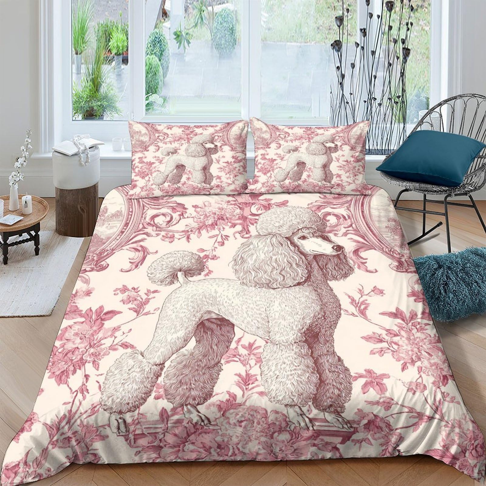 Ctjqhvkz Style-6 3D Printed Vintage Poodle Fitted Sheet Microfiber Soft Pink French Toile Bed Cover For Bedroom Guest Room Mattress Decor Single（135X200cm）