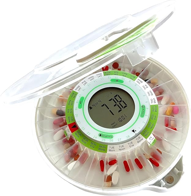 DOSECONTROL Automatic Pill Medication Dispenser, Transparent Lid, Model 2021, Large and Bright Display, 9 Alarms, Two Secure Locks, High Capacity Pill Container, Aid for Alzheimers & Dementia Patients