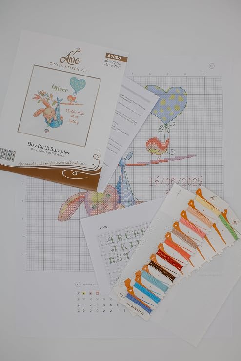 Aine - Boy Birth Sampler A1028, Baby Boy Birth Record Announcement Cross Stitch Kits 734x734, Cross Stitch Kits for Beginners & Advanced, Crossstitching Kit Adult, Embroidery Counted Stitching Kit