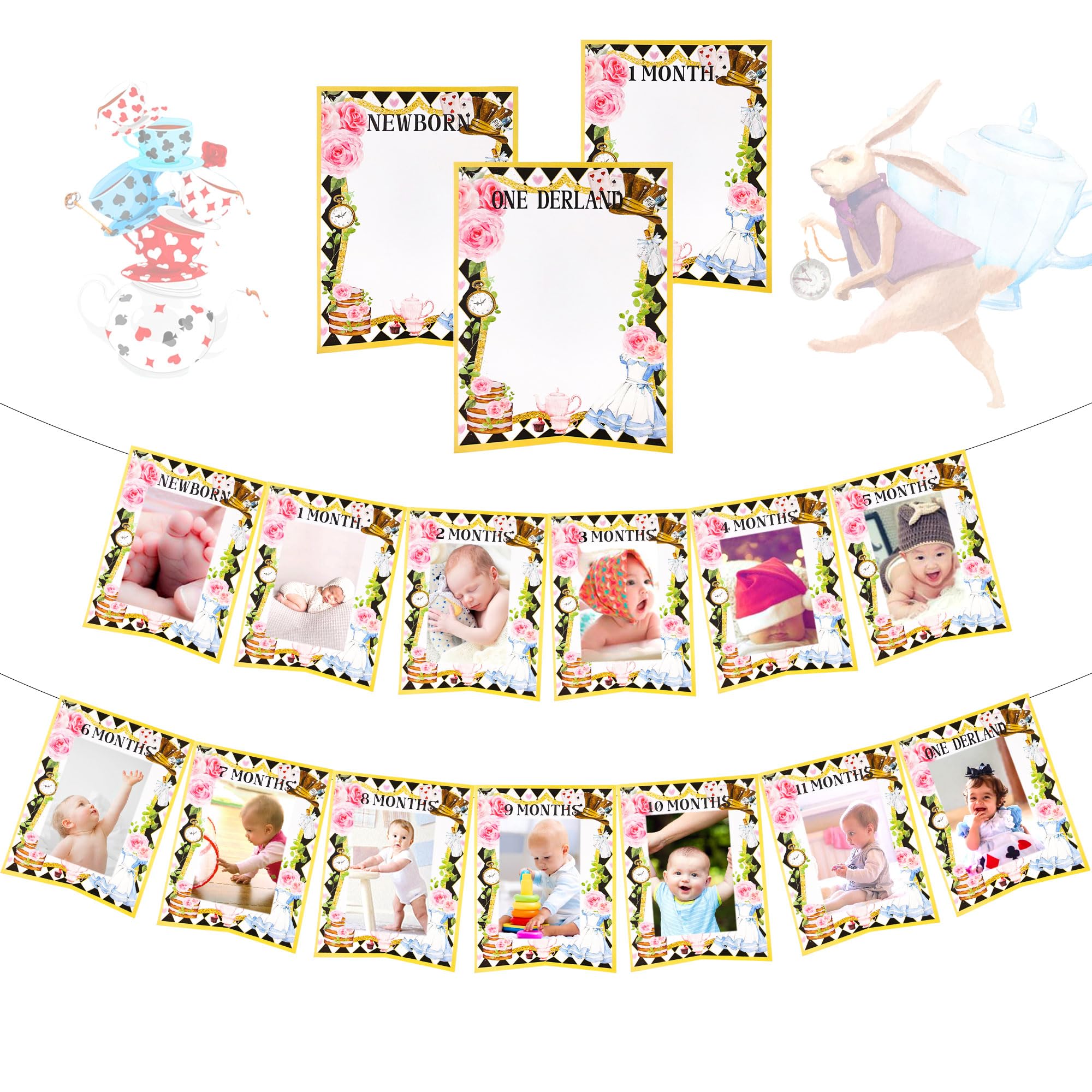 LaVenty Alice in Onederland 1st Birthday Decoration High Chair Banner 12 Months Photo Banner Alice in Onederland 1st Birthday Backdrop